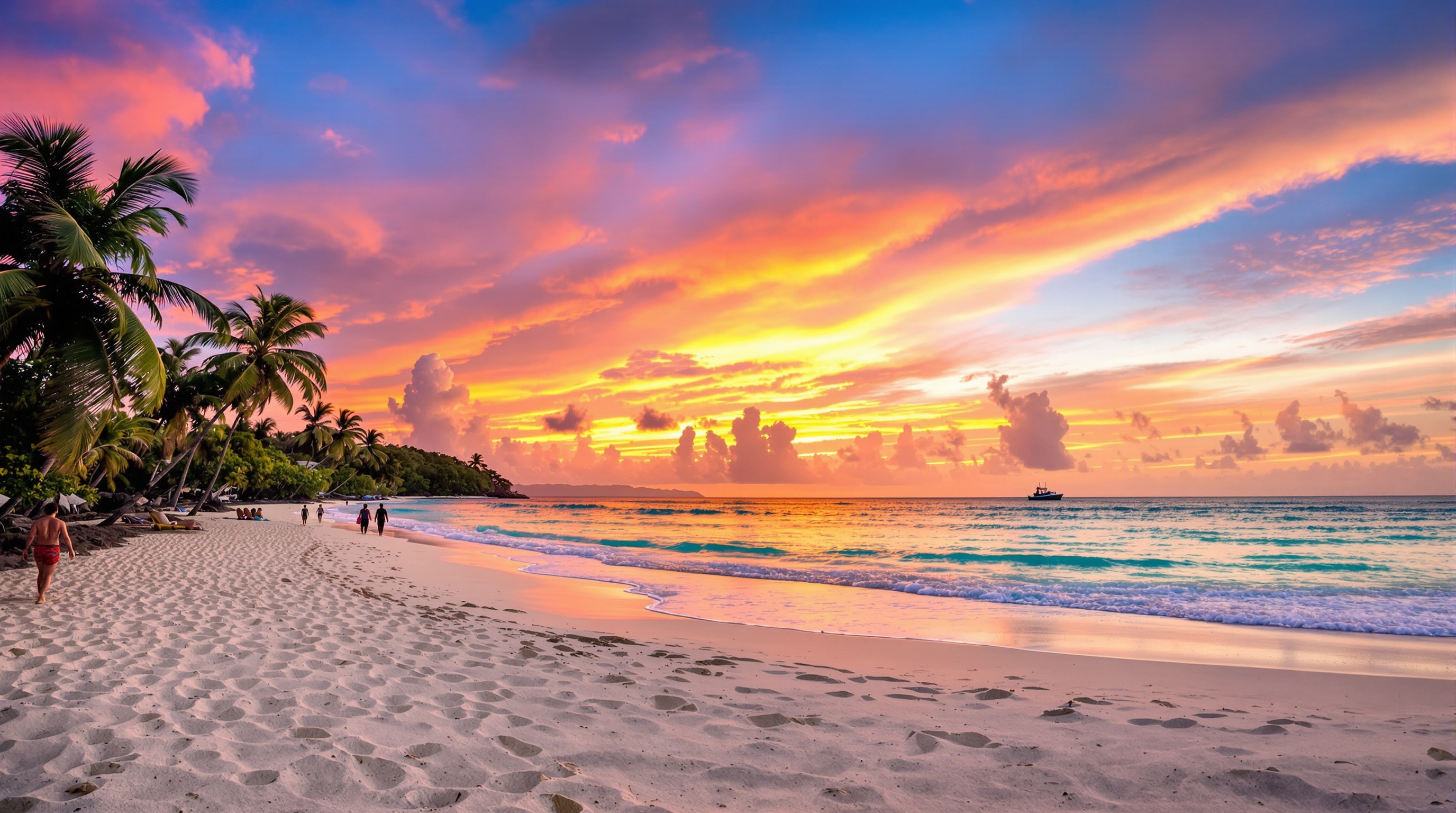 Coucher de soleil sur la 7 Mile Beach à Negril avec mer turquoise.