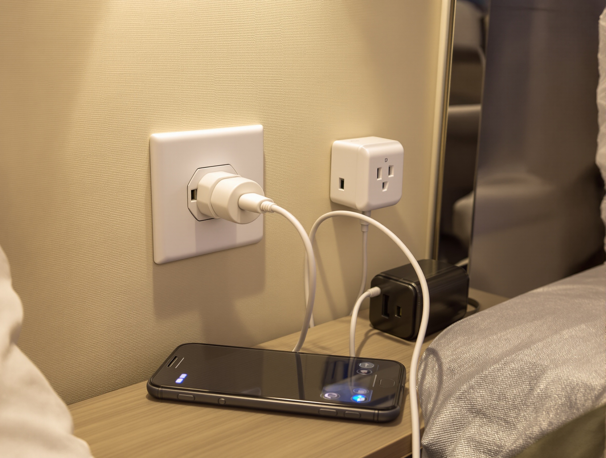 Une scène pratique dans une chambre d'hôtel : un adaptateur Type D est branché au mur, et une petite multiprise française y est connectée, alimentant simultanément un smartphone et une batterie d'appareil photo.