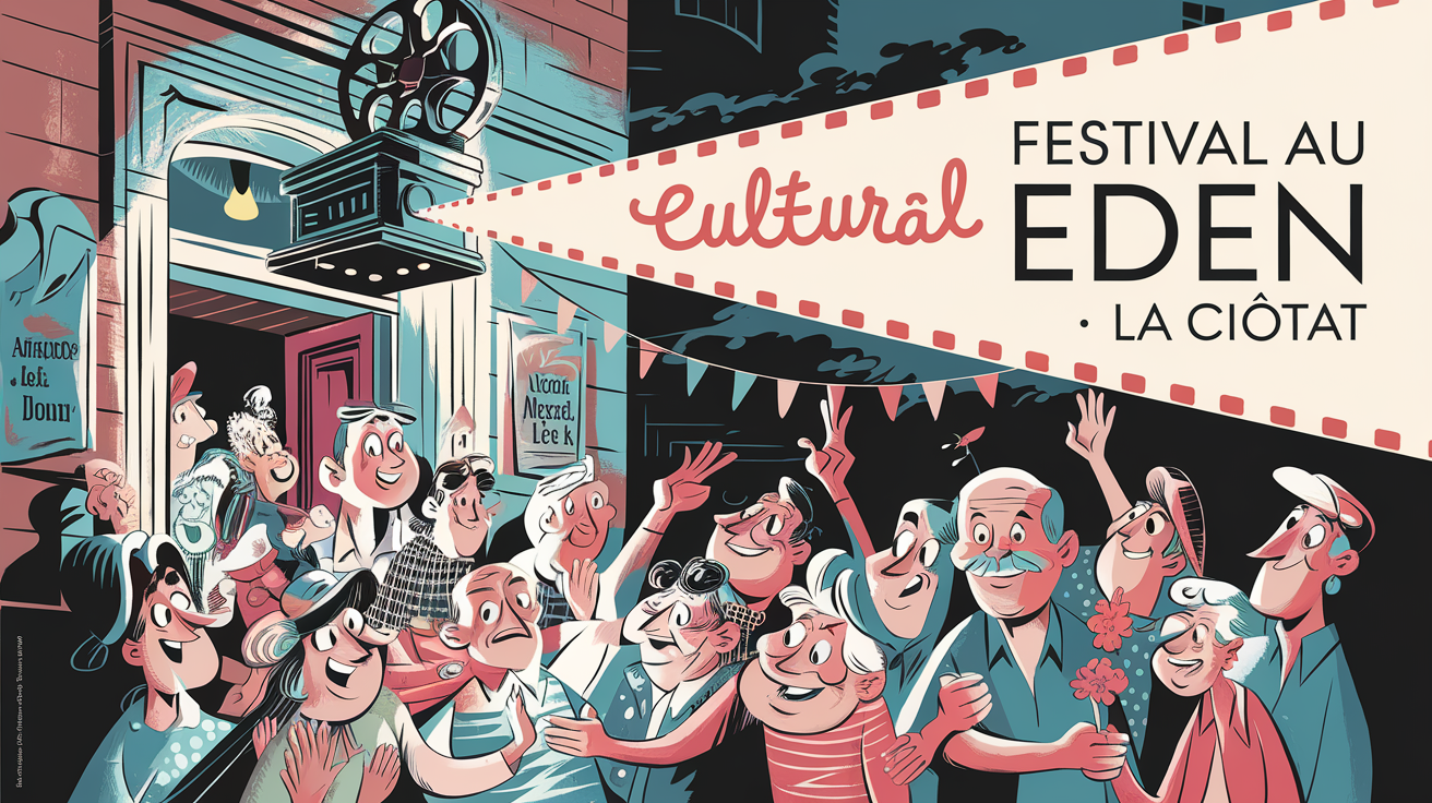 Affiche animée de festival au cinéma Eden à La Ciotat, foule intergénérationnelle devant l'entrée historique du cinéma, projecteur vintage, ambiance soirée culturelle.