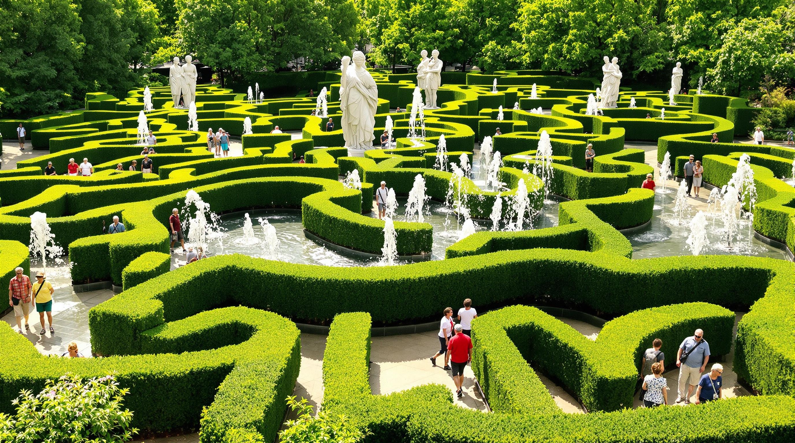 Labyrinthe végétal du Parc de la Tête d’Or, sculptures et jeux d’eau