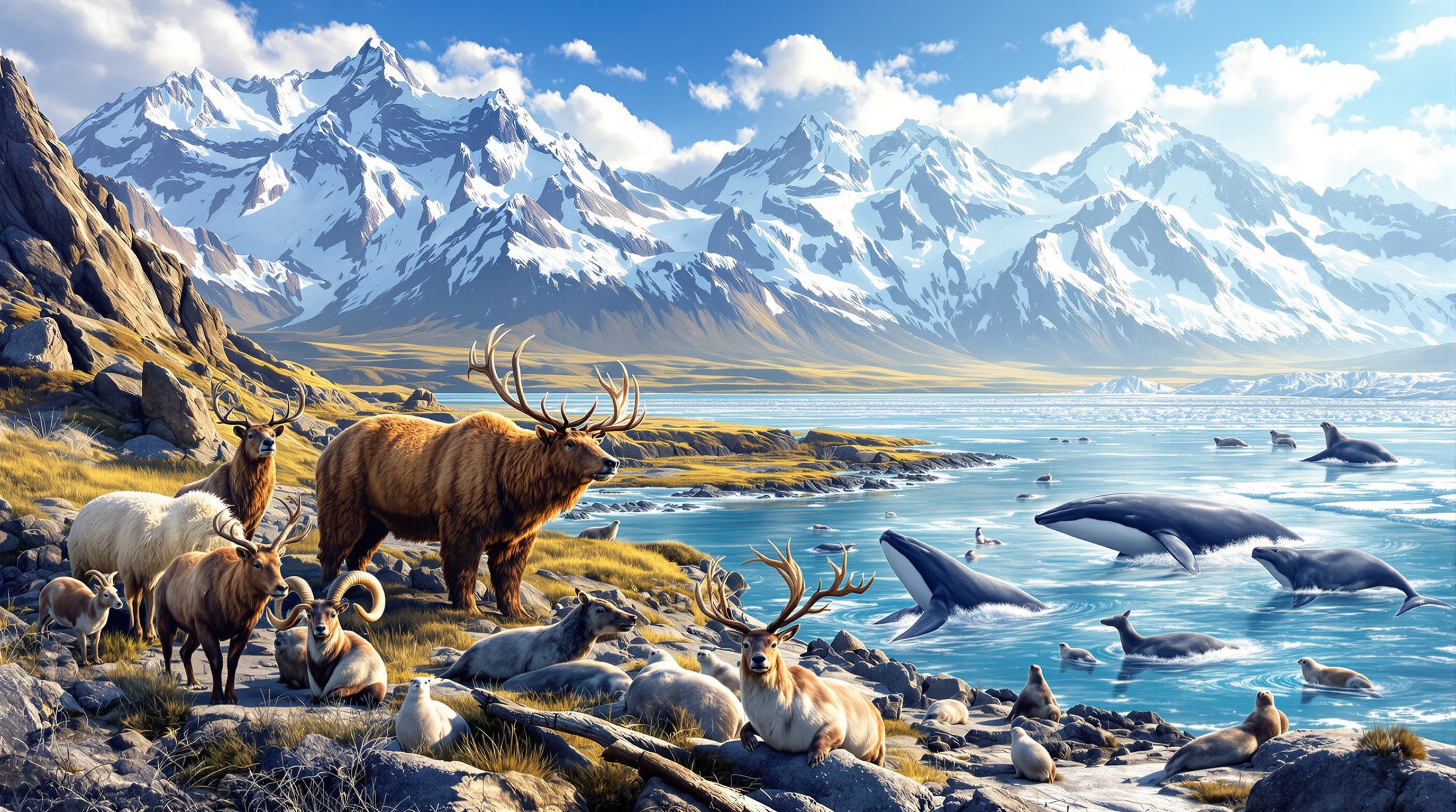 Animaux emblématiques d'Alaska : grizzly, wapiti, mouflon, baleine et phoques