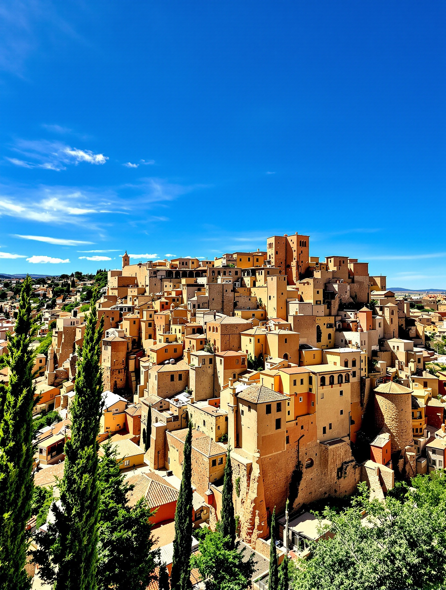 Le village médiéval d'Albarracín dans la province de Teruel, avec ses maisons couleur ocre accrochées à la colline sous un ciel bleu.