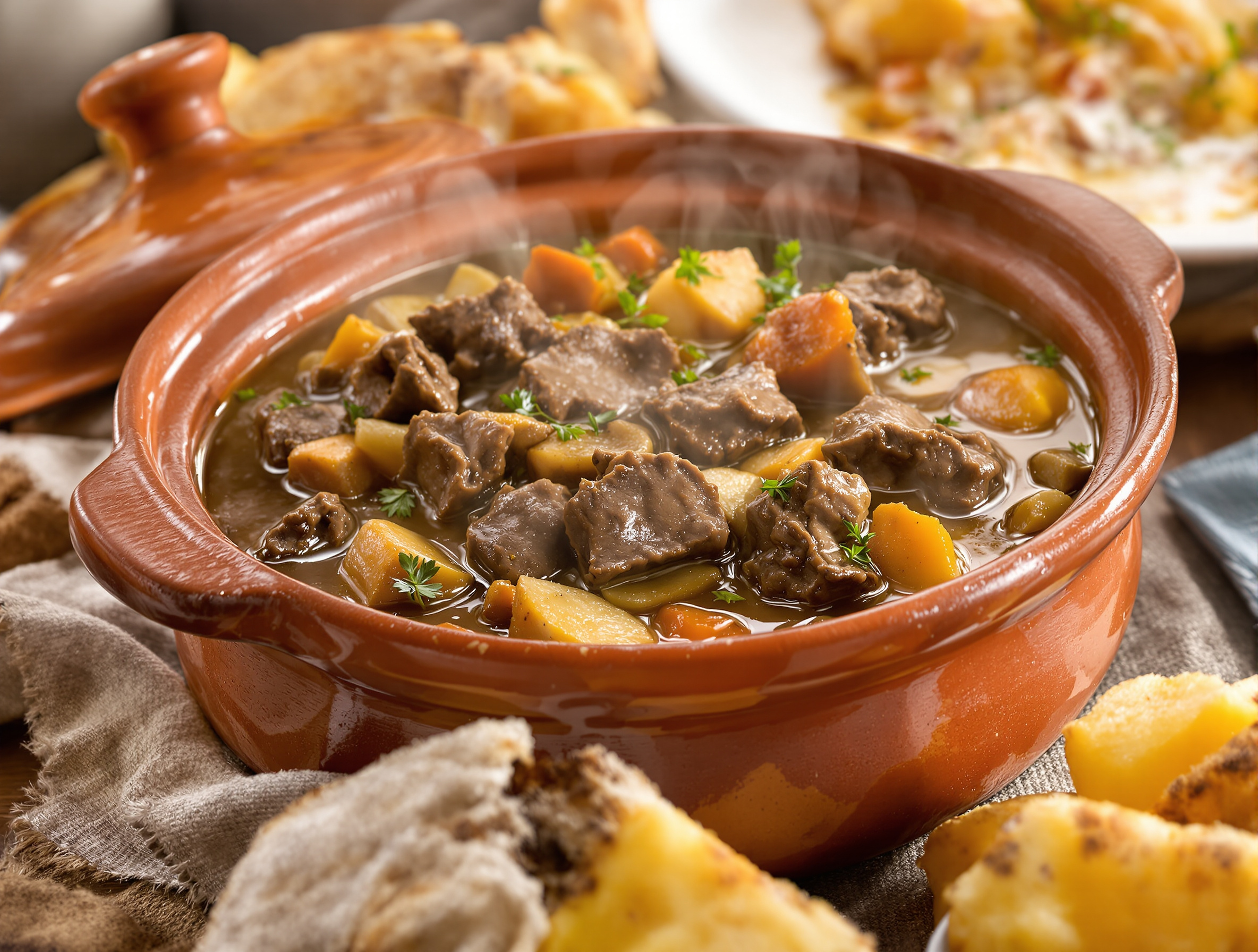 Un plat fumant d'Alcatra servi dans son plat traditionnel en terre cuite (l'alguidar), avec du pain ou des pommes de terre à côté.