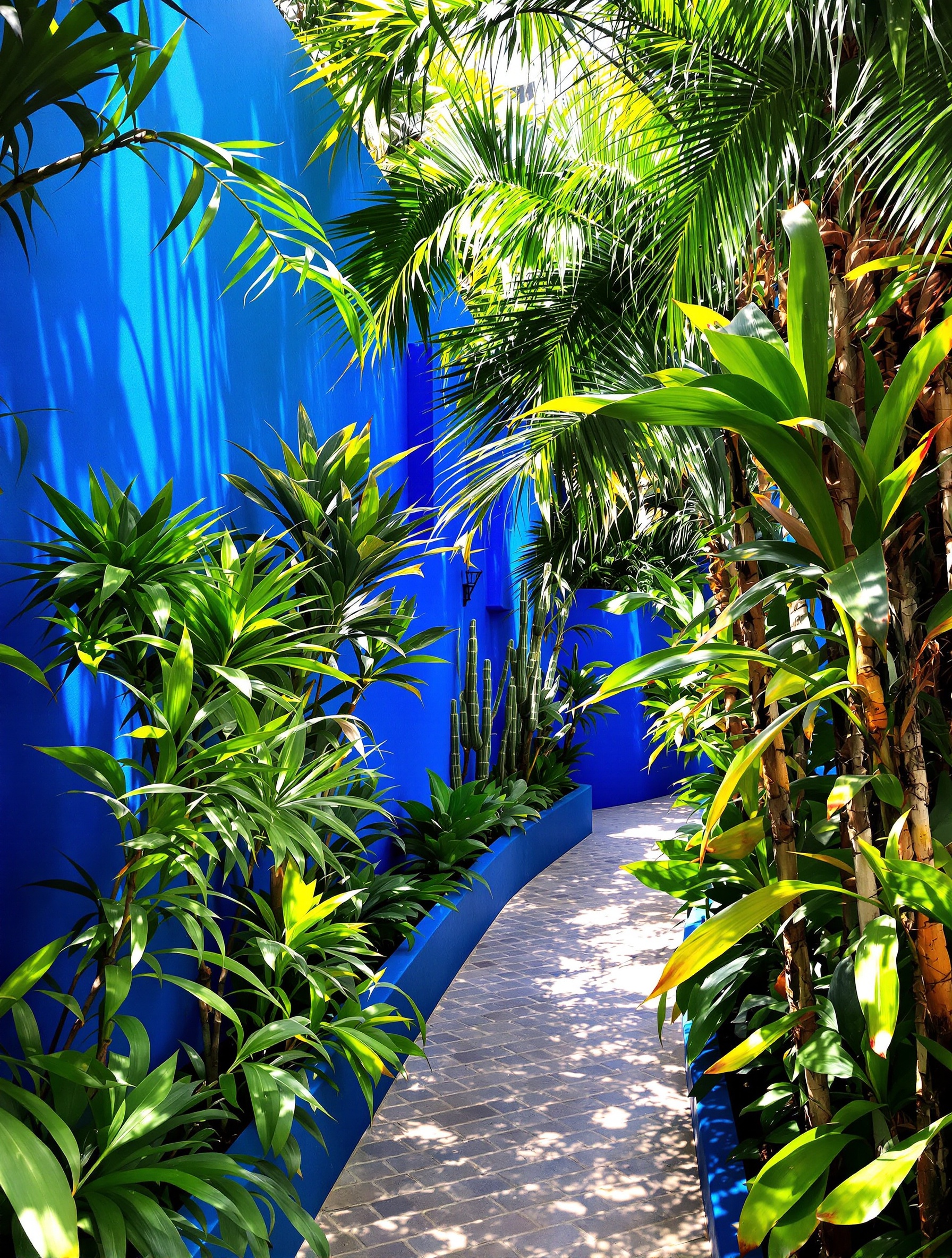 Allée du Jardin Majorelle avec murs bleu Majorelle et végétation luxuriante