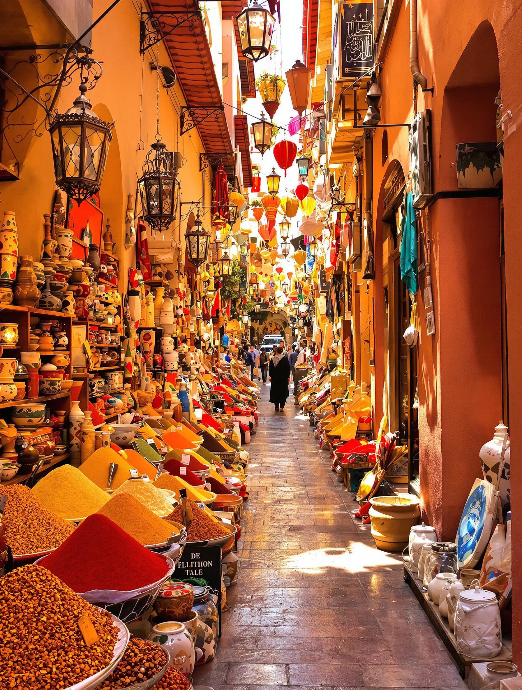 Une allée des souks avec des lanternes suspendues et des montagnes d’épices multicolores.