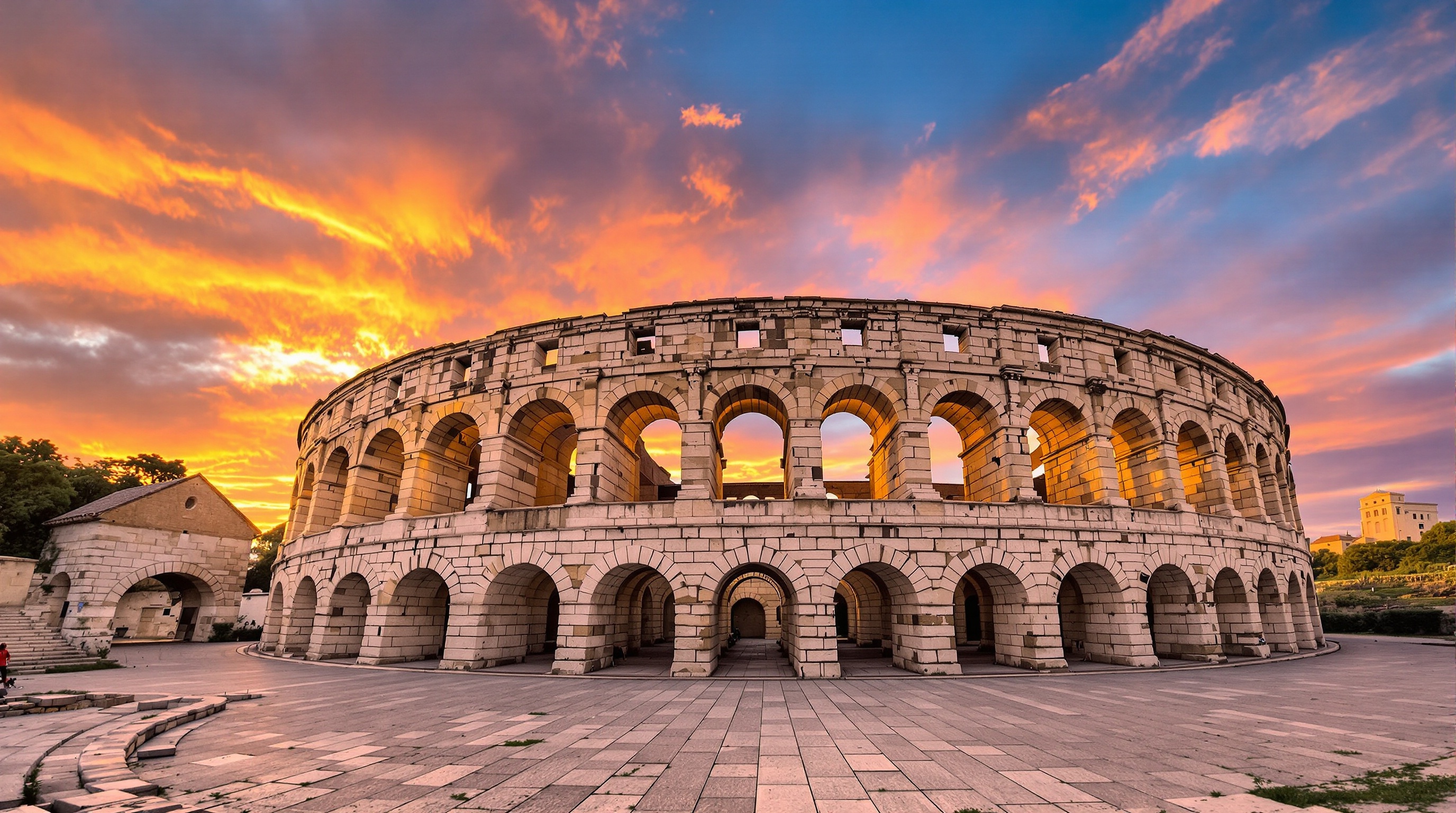 L'amphithéâtre romain de Pula en Istrie au soleil couchant