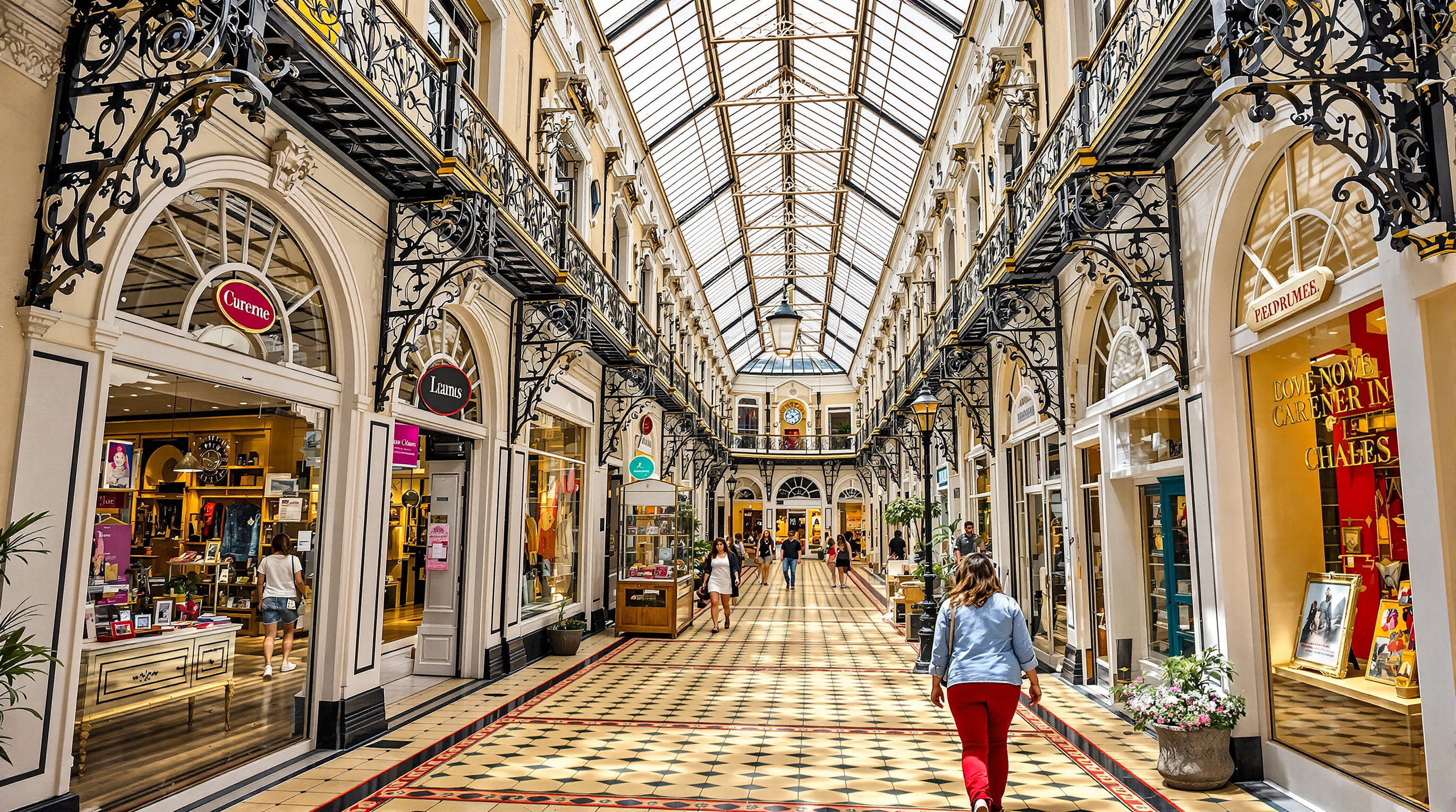 Intérieur lumineux d'une arcade victorienne à Cardiff avec boutiques pittoresques et structure métallique