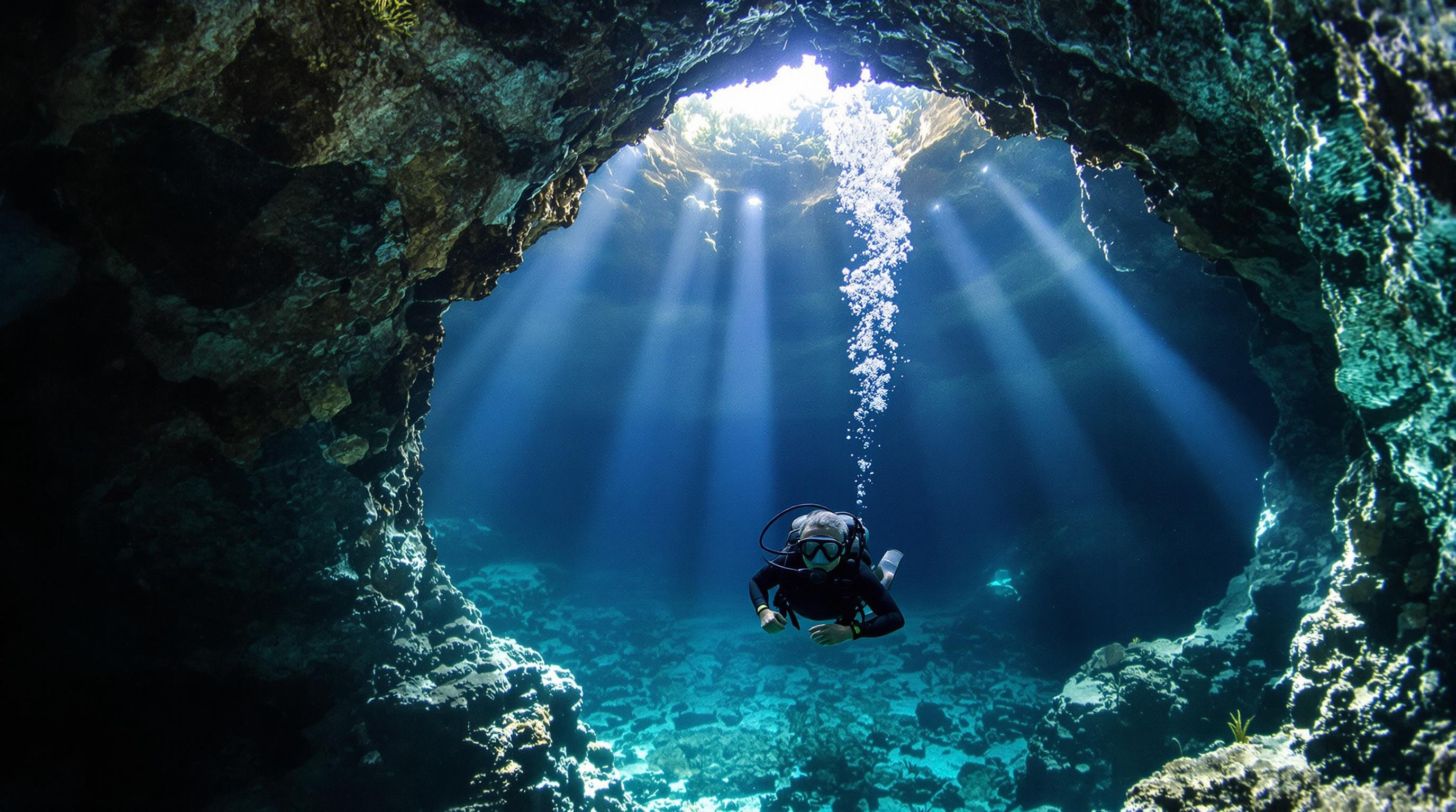 Arche rocheuse éclairée par un halo de lumière sous-marine au Cenote Dos Ojos.