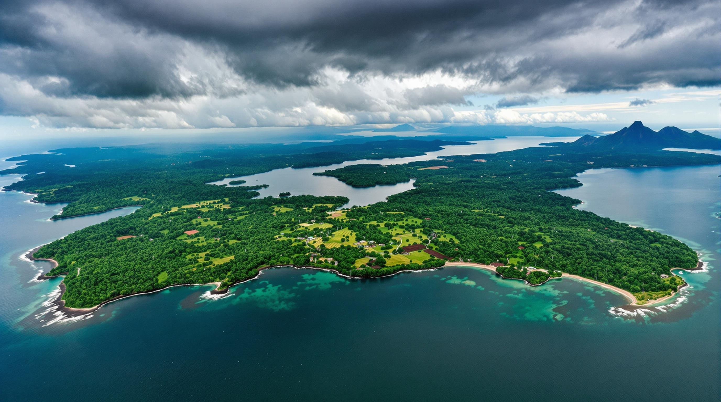 Vue aérienne de Sao Tomé-et-Principe avec végétation luxuriante et mangroves.