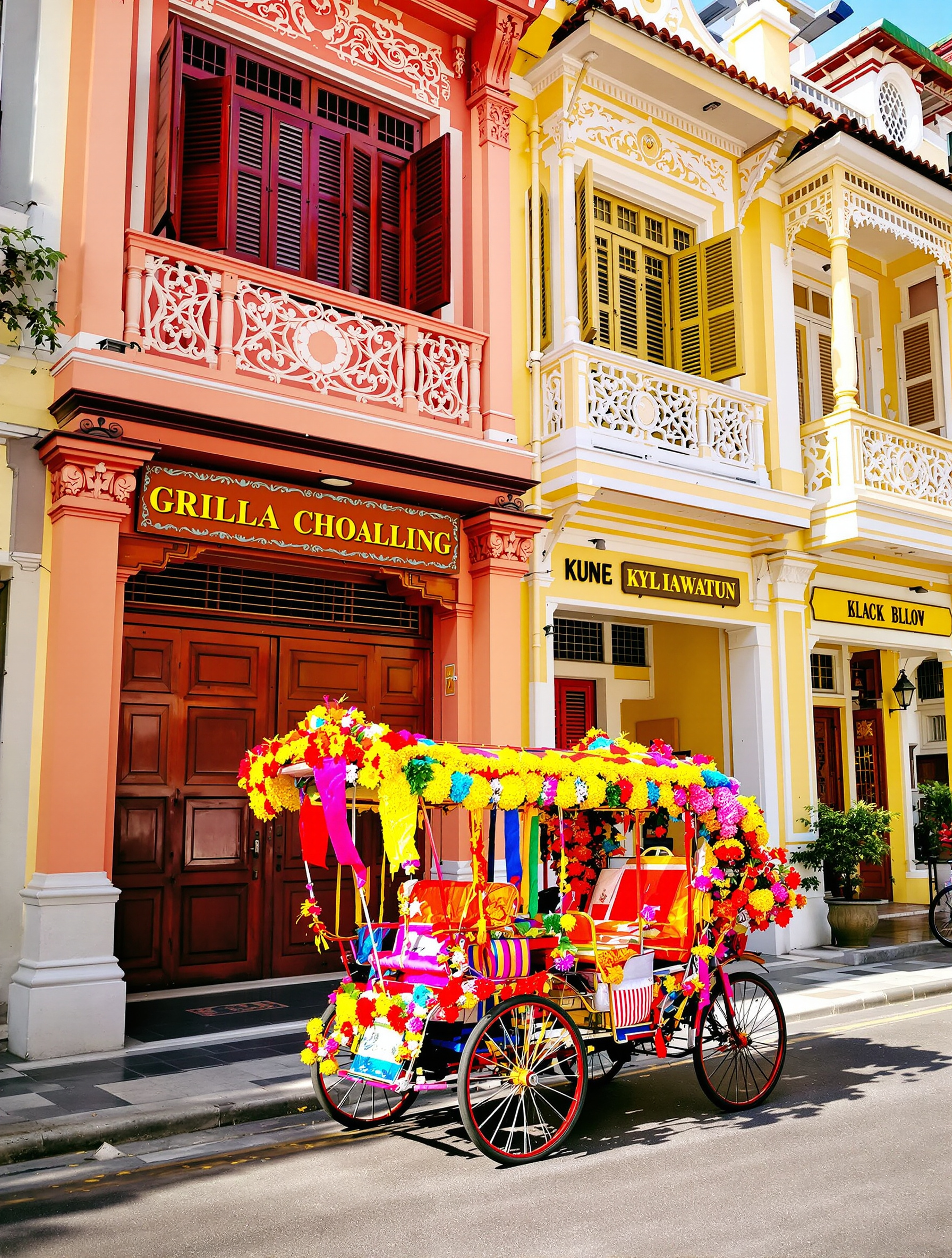 Architecture coloniale rue George Town Penang trishaw Malacca