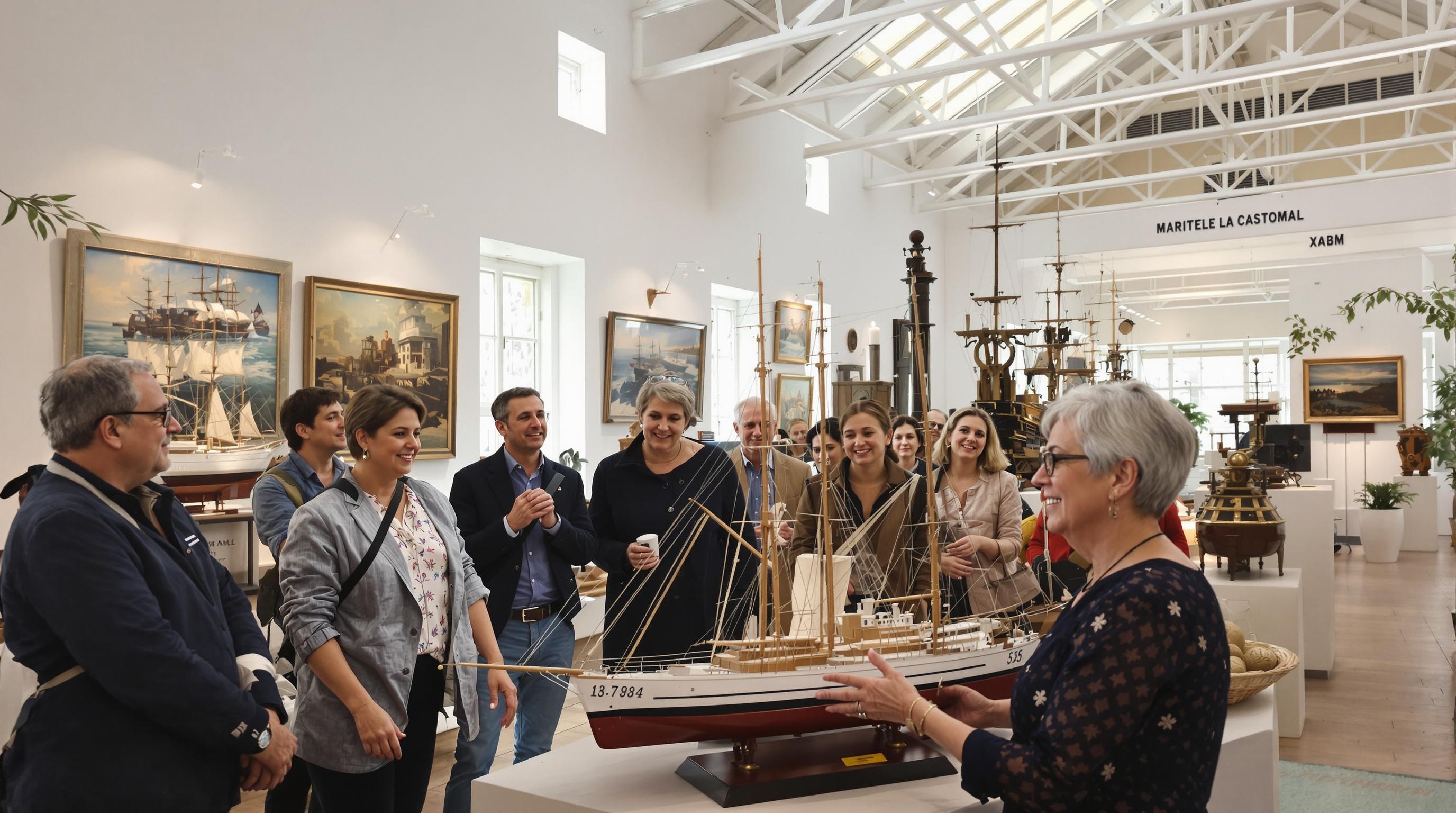 Architecture du musée ciotadien à La Ciotat, intérieur lumineux, œuvres maritimes et industrielles exposées, guide senior (Julie Gailhard) montrant une maquette à des visiteurs, ambiance conviviale provençale.