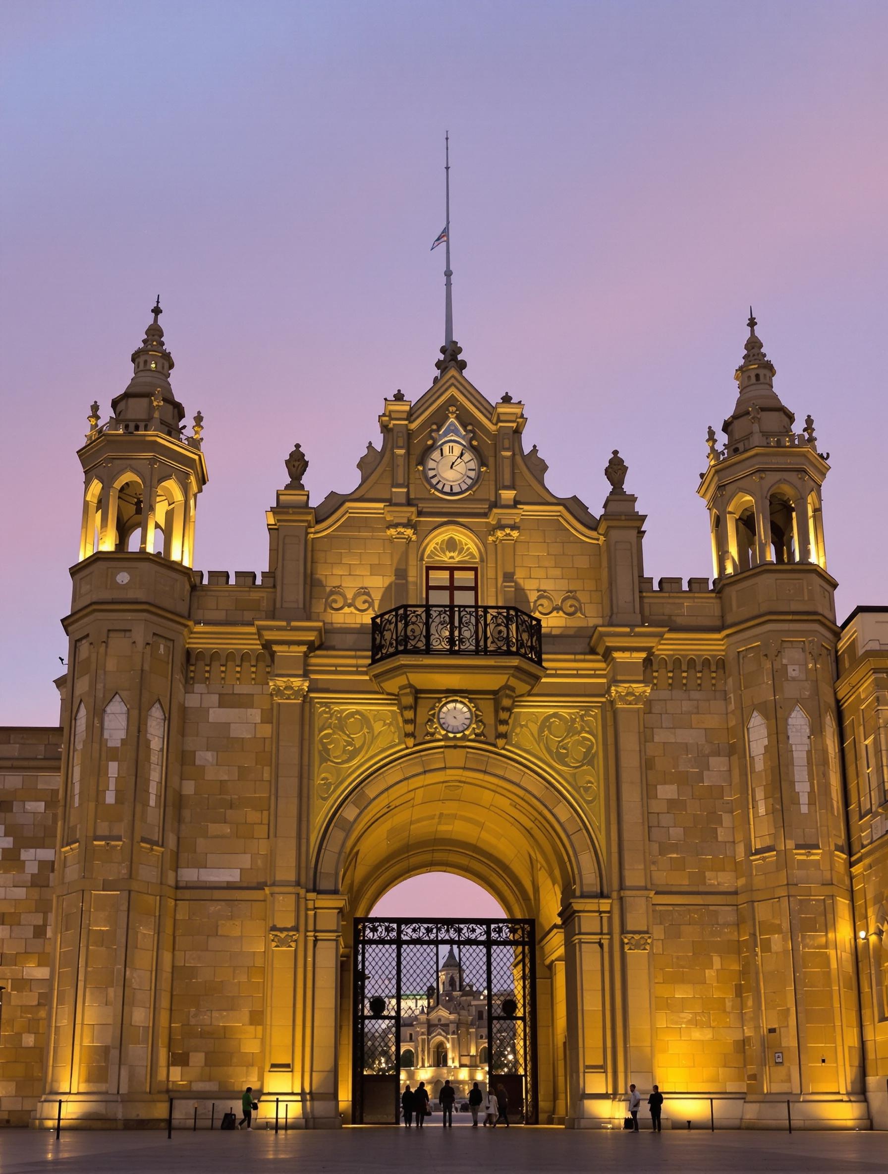 Vue frontale de l’Arco de la Estrella illuminé au crépuscule
