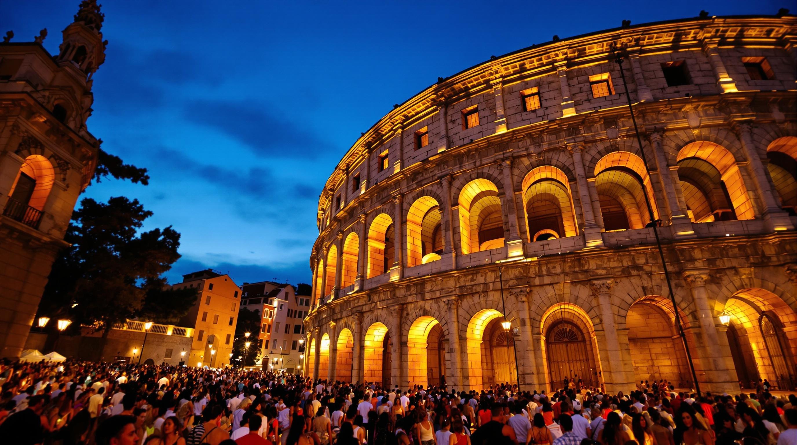 Vue des Arènes de Vérone illuminées au crépuscule, foule entrant pour un opéra estival