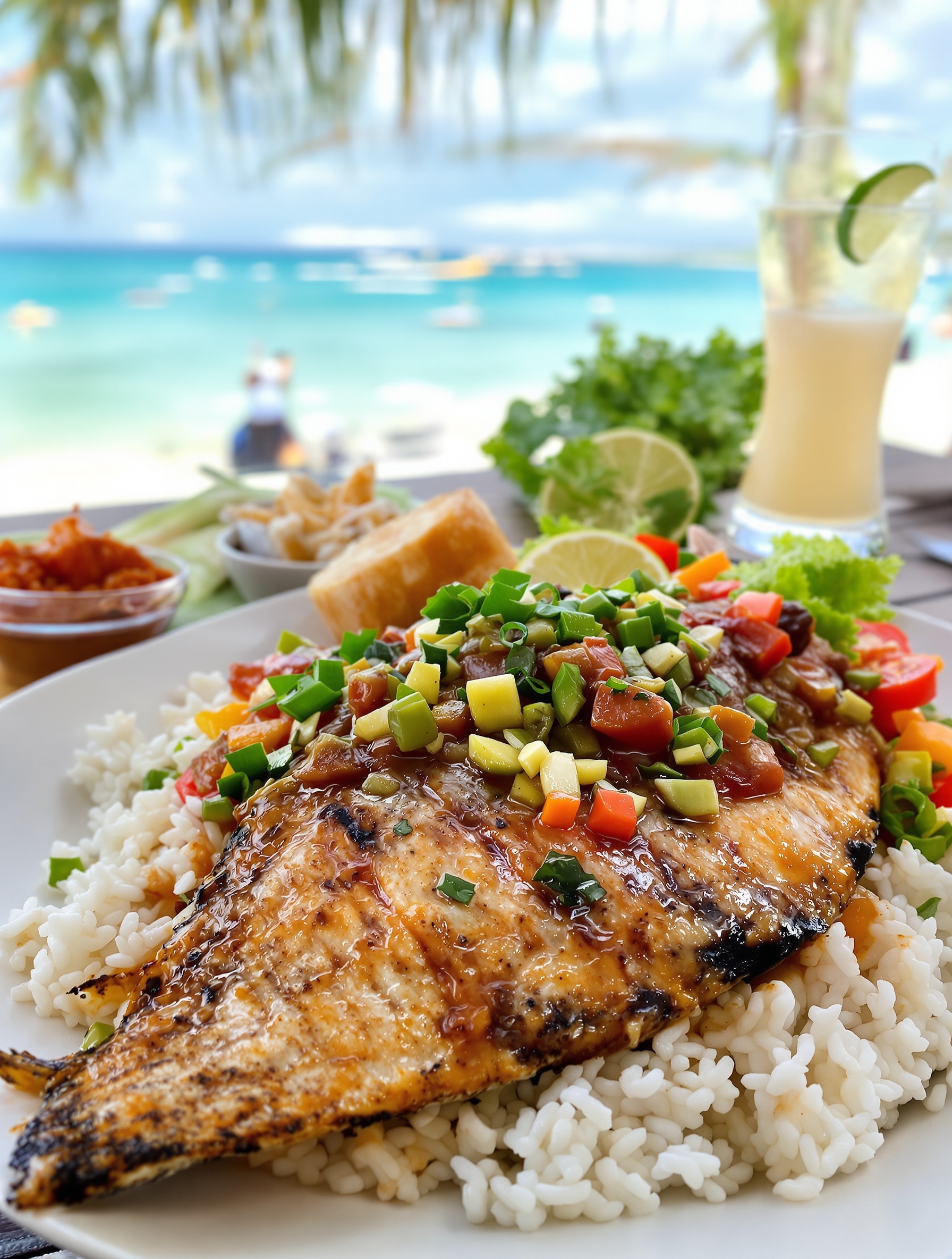 Poisson grillé sauce chien servi sur table en bois dans un lolo face à la mer