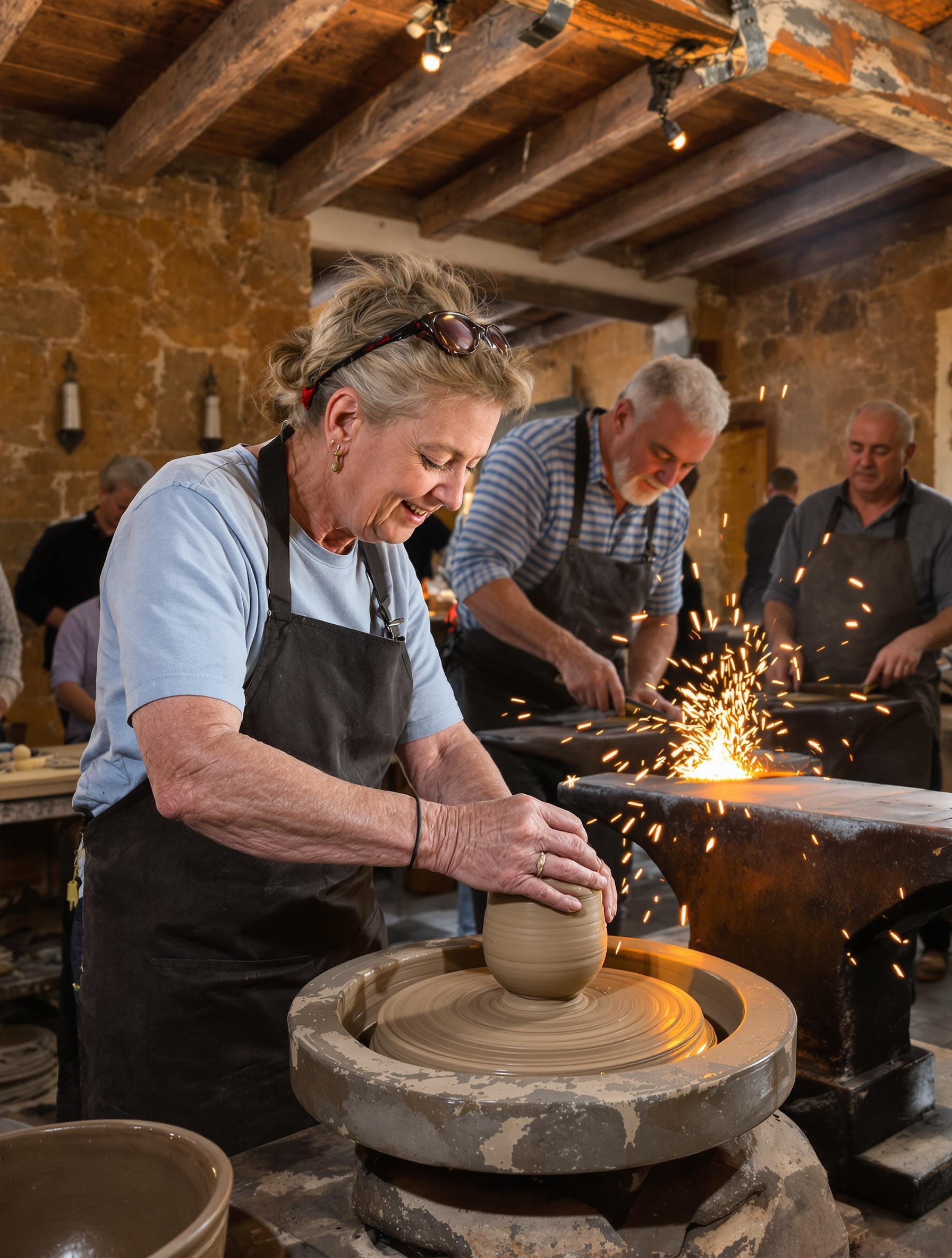 Atelier poterie et forge à Aigues-Mortes, seniors guidés par des artisans locaux