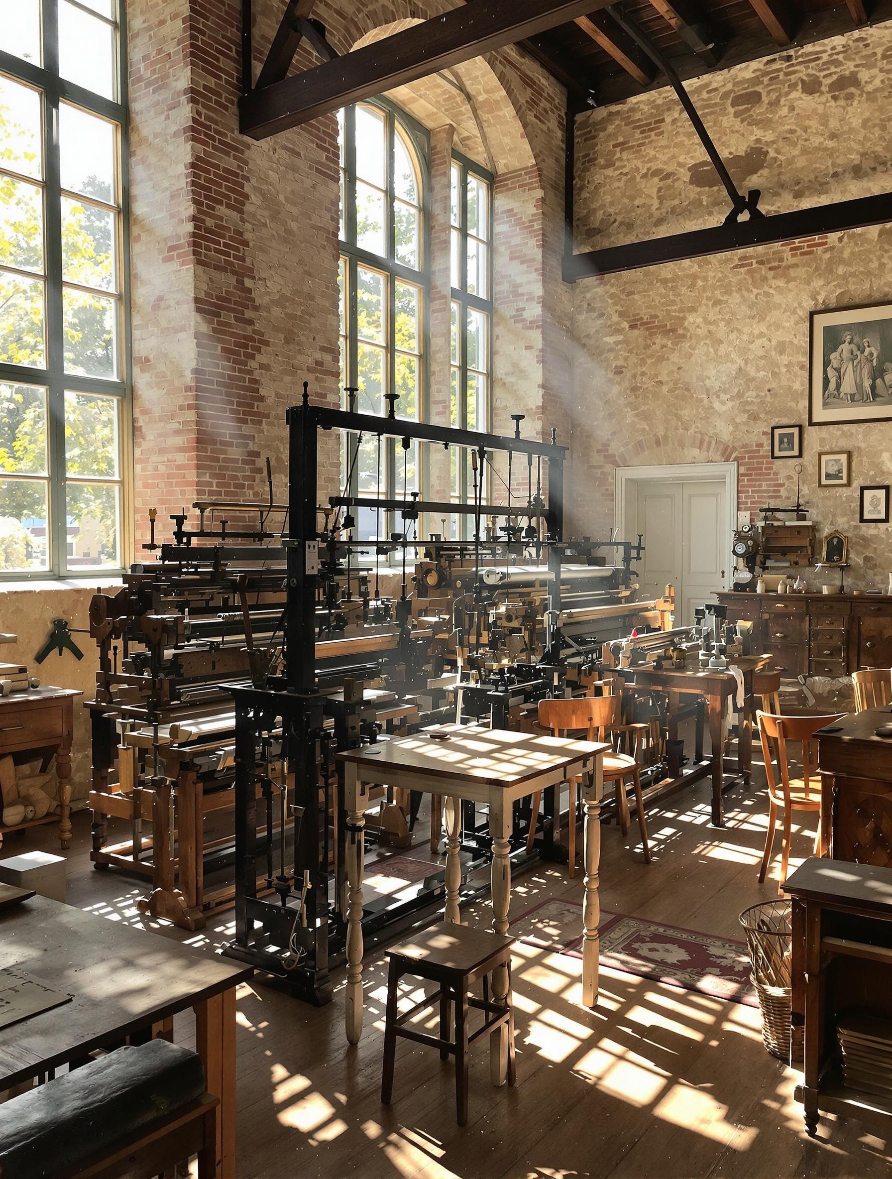 Intérieur atelier de soie Croix-Rousse métiers Jacquard hauts plafonds lumière patrimoniale