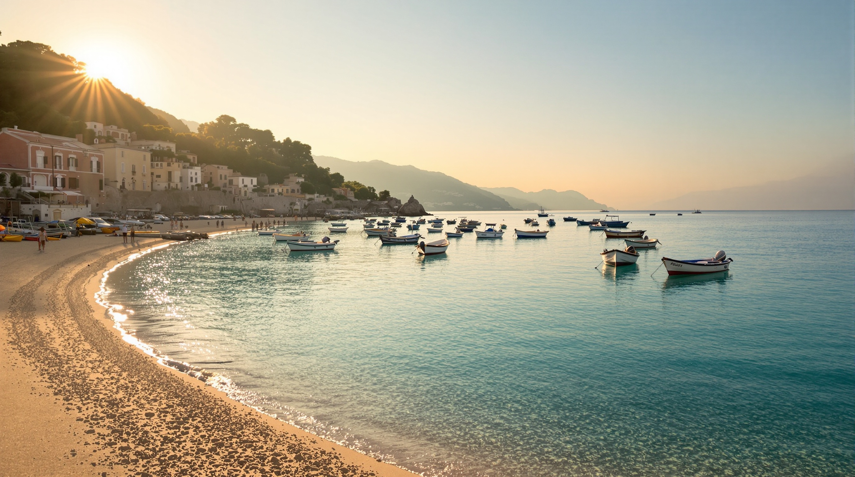 Baia del Silenzio à Sestri Levante avec eau turquoise et bateaux traditionnels au lever du jour