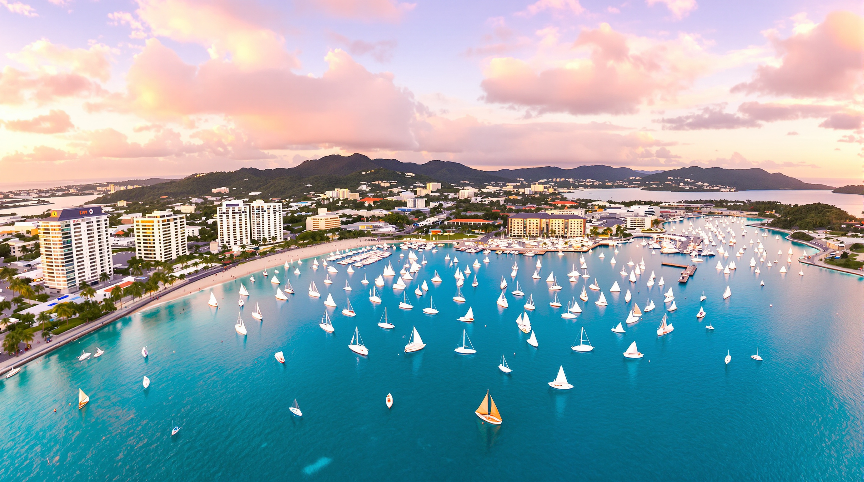 Vue de la baie de l'Anse Vata à Nouméa : buildings bas, cocotiers, voiliers sur un lagon turquoise et ambiance balnéaire décontractée.