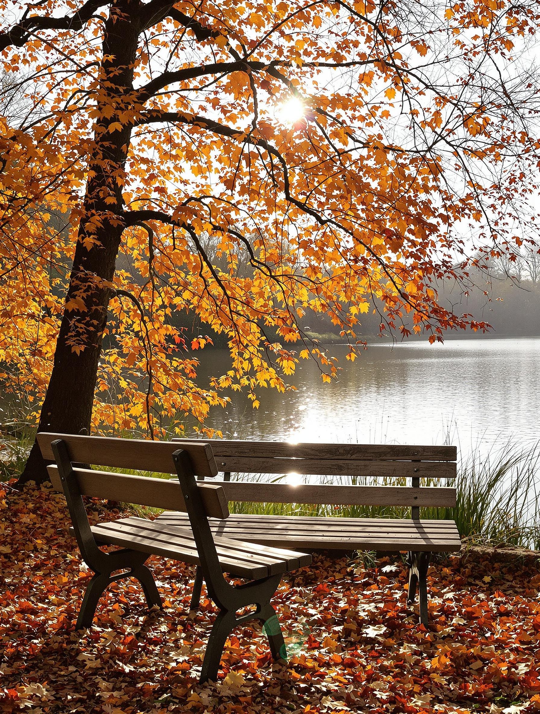 Banc en bois face au lac du Parc de la Tête d’Or, lumière automnale