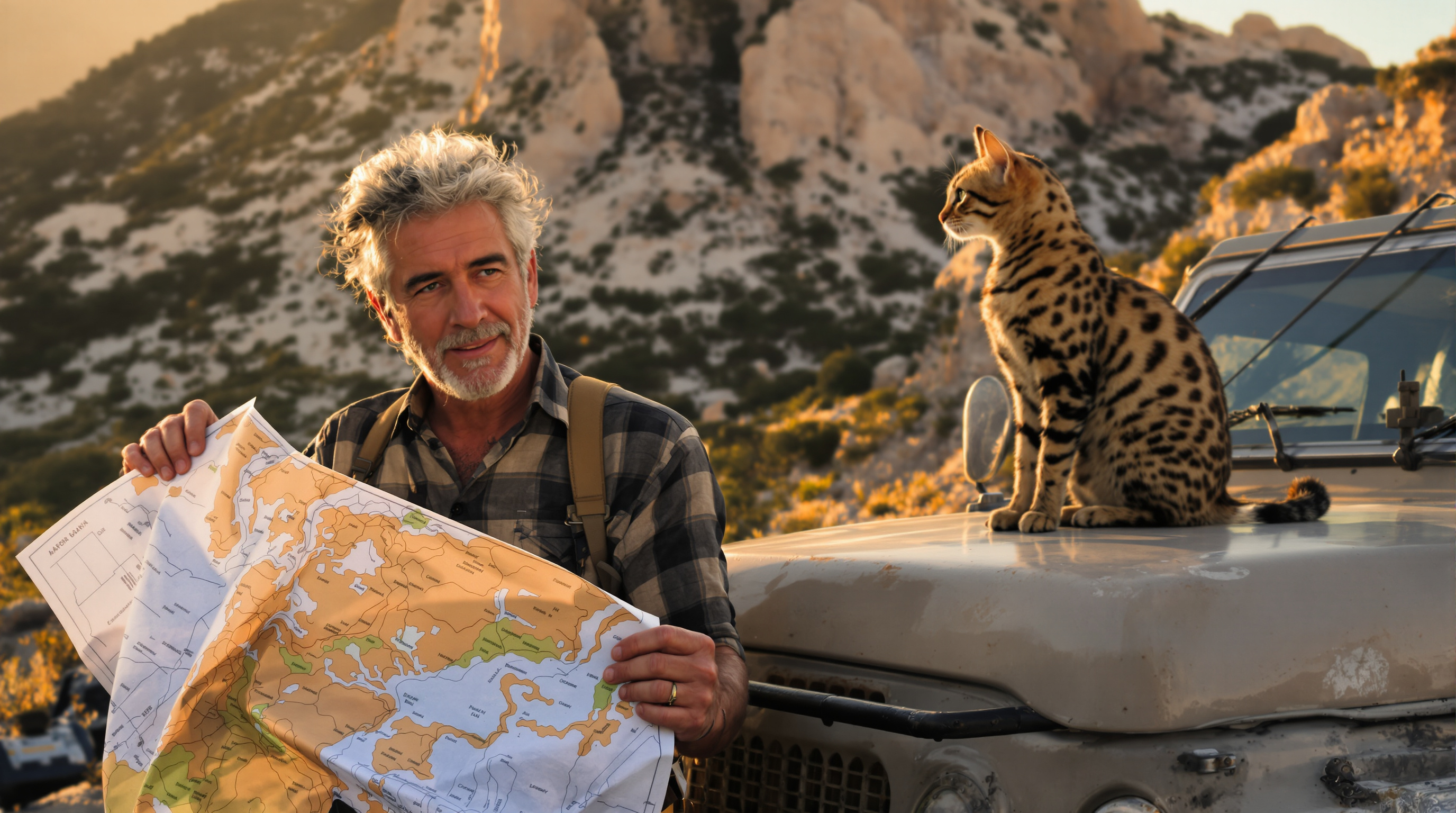 Victor Marleau baroudeur adossé à un 4x4 avec Polux le Bengal sur le capot et panorama corse.