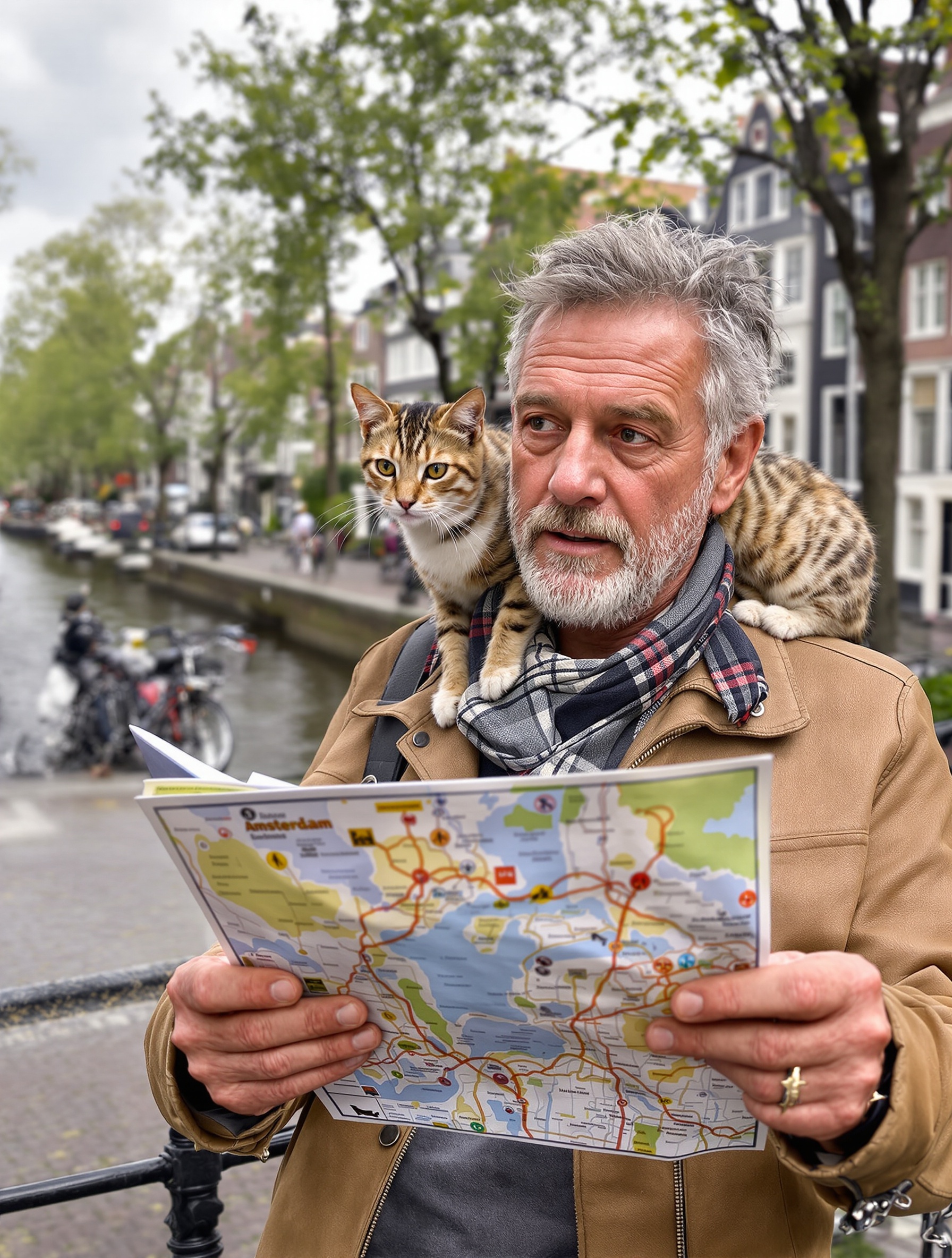 Baroudeur senior avec chat Bengal sur un canal d'Amsterdam