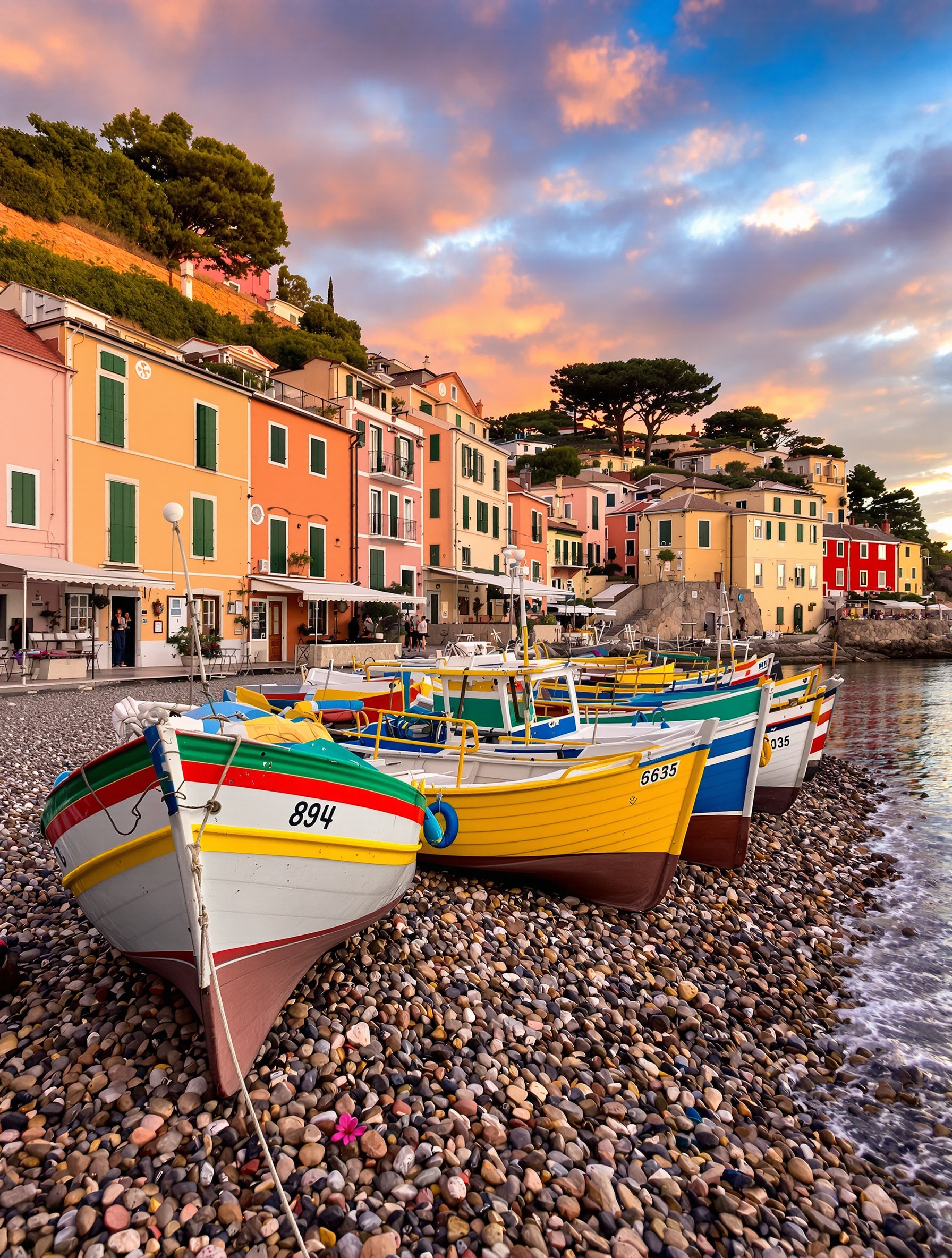 Barques colorées et maisons ligures à Boccadasse au coucher du soleil