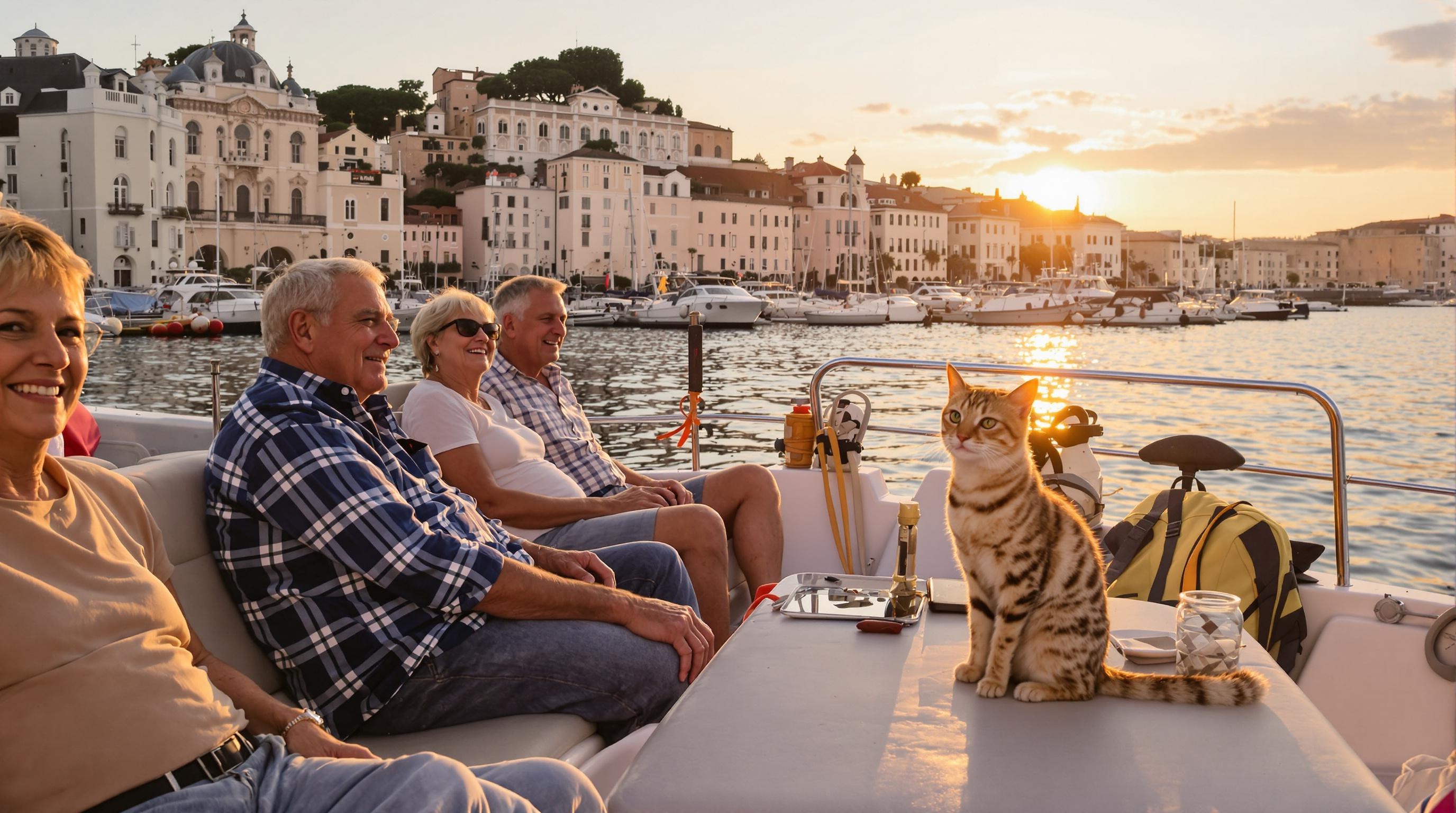 Bateau blanc quittant le Porto Antico de Gênes au coucher de soleil, seniors sur le ponton, chat Bengal à bord, ambiance détendue.