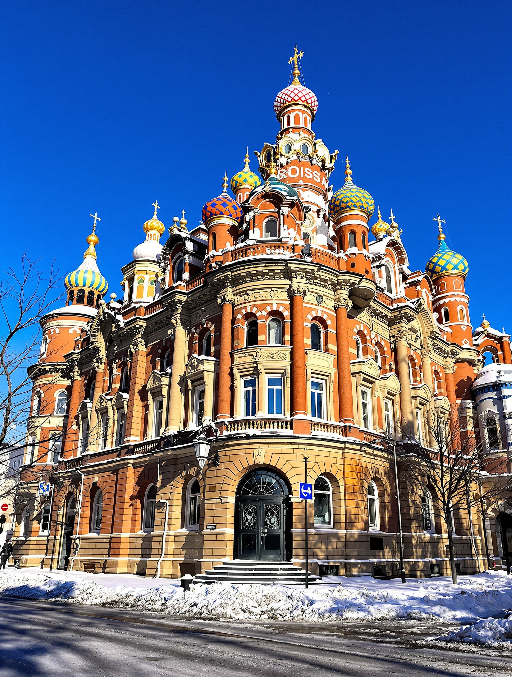 Bâtiment à l'architecture russe du 19ème siècle dans le centre-ville de Kars sous ciel d'hiver.
