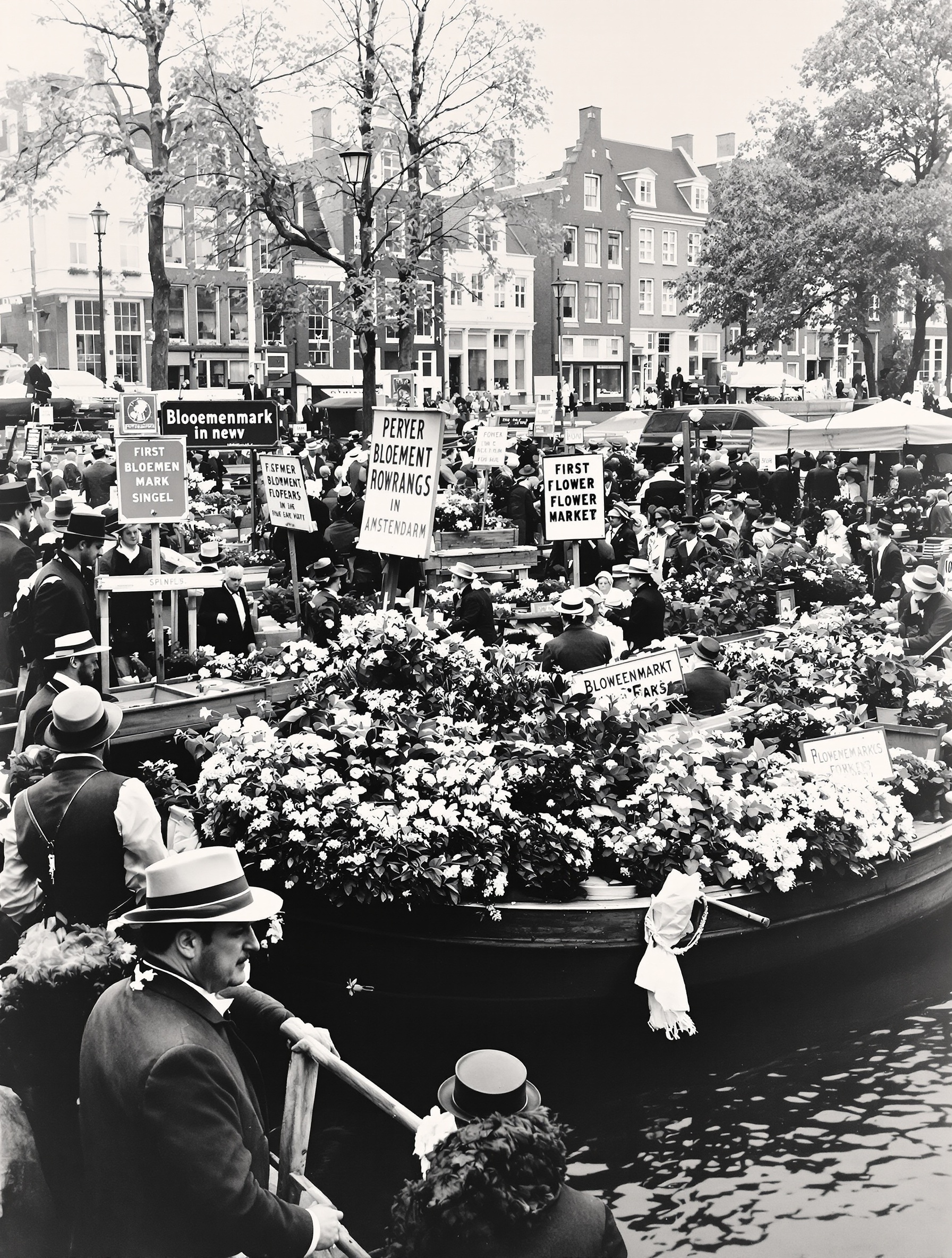 Vue ancienne du marché aux fleurs d'Amsterdam avec les premières barges.