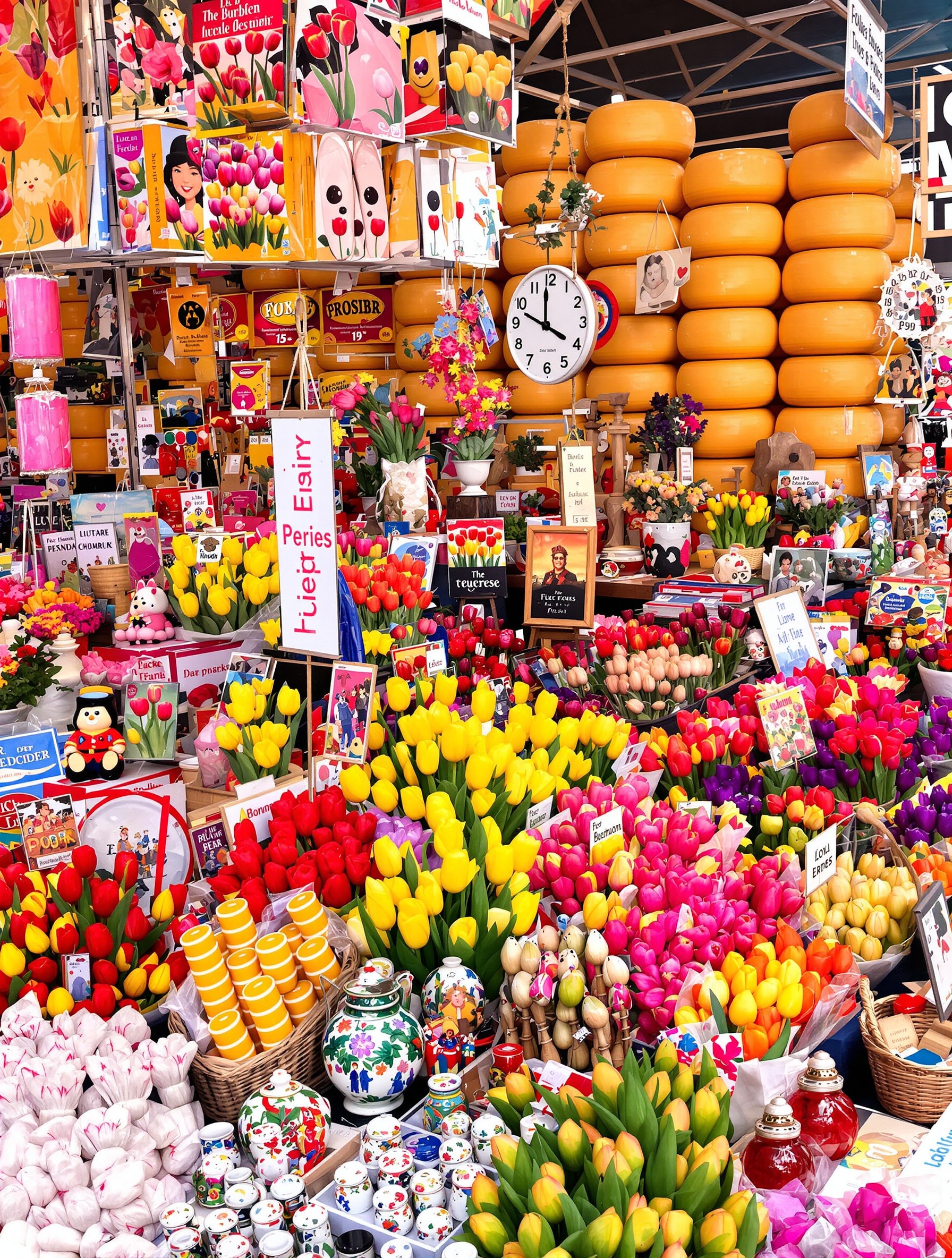 Étal coloré de souvenirs et bulbes de tulipes au Bloemenmarkt.