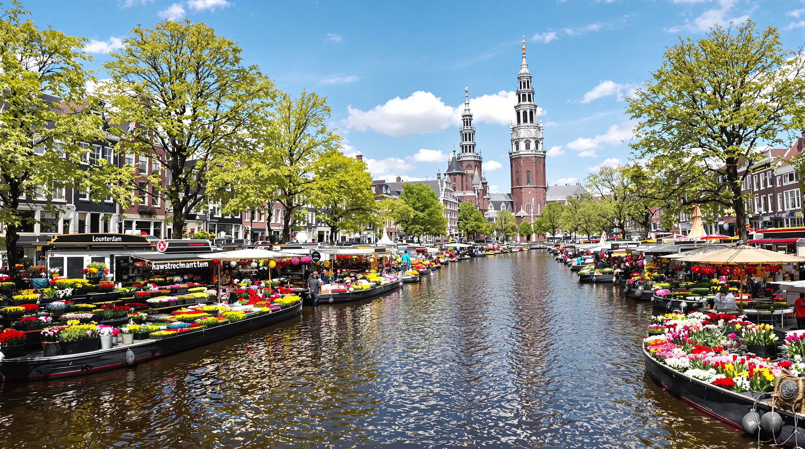 Bloemenmarkt : étals colorés sur barges avec Munttoren visible en arrière-plan.