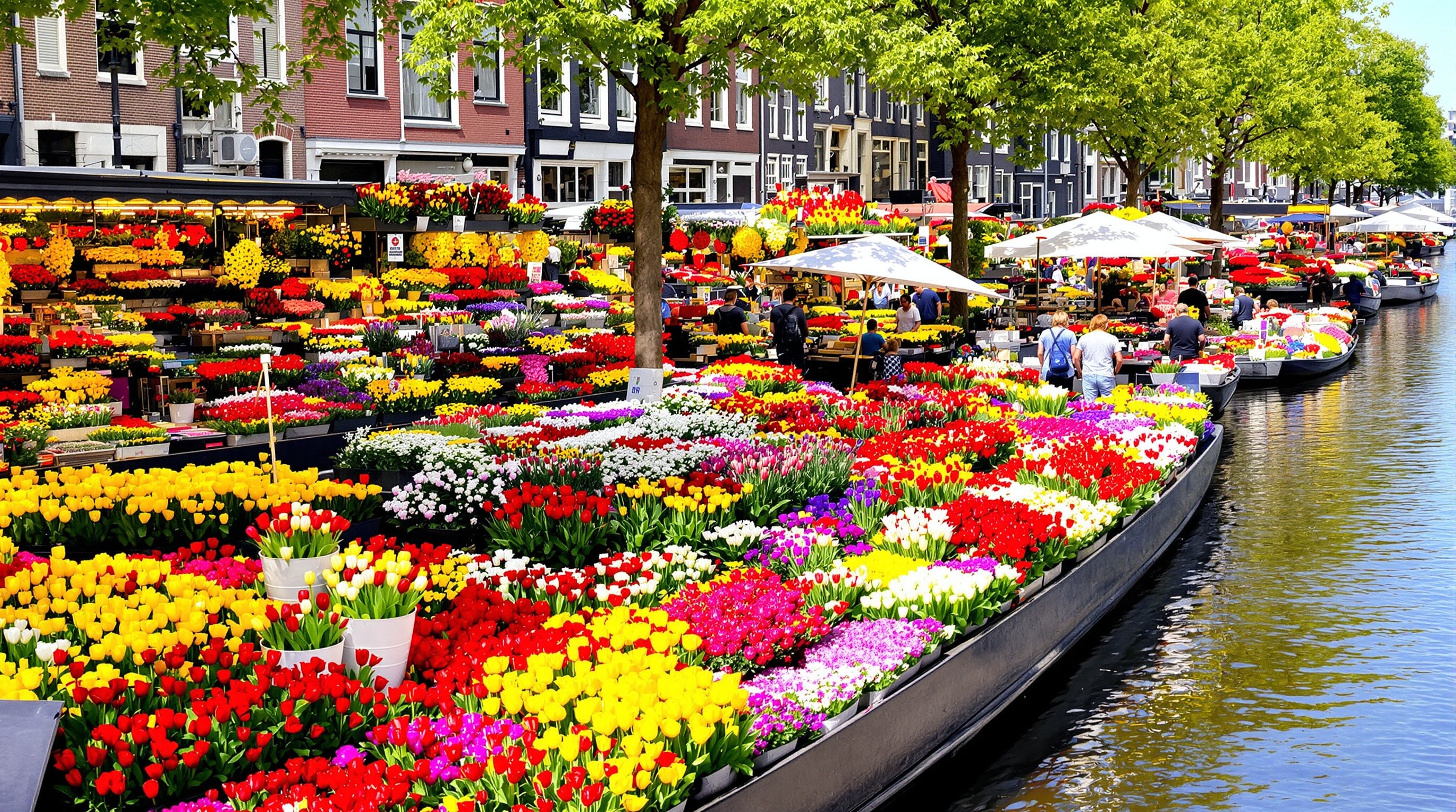 Le marché aux fleurs flottant (Bloemenmarkt) d'Amsterdam, avec ses étals colorés de fleurs et de bulbes sur les barges le long du canal Singel.