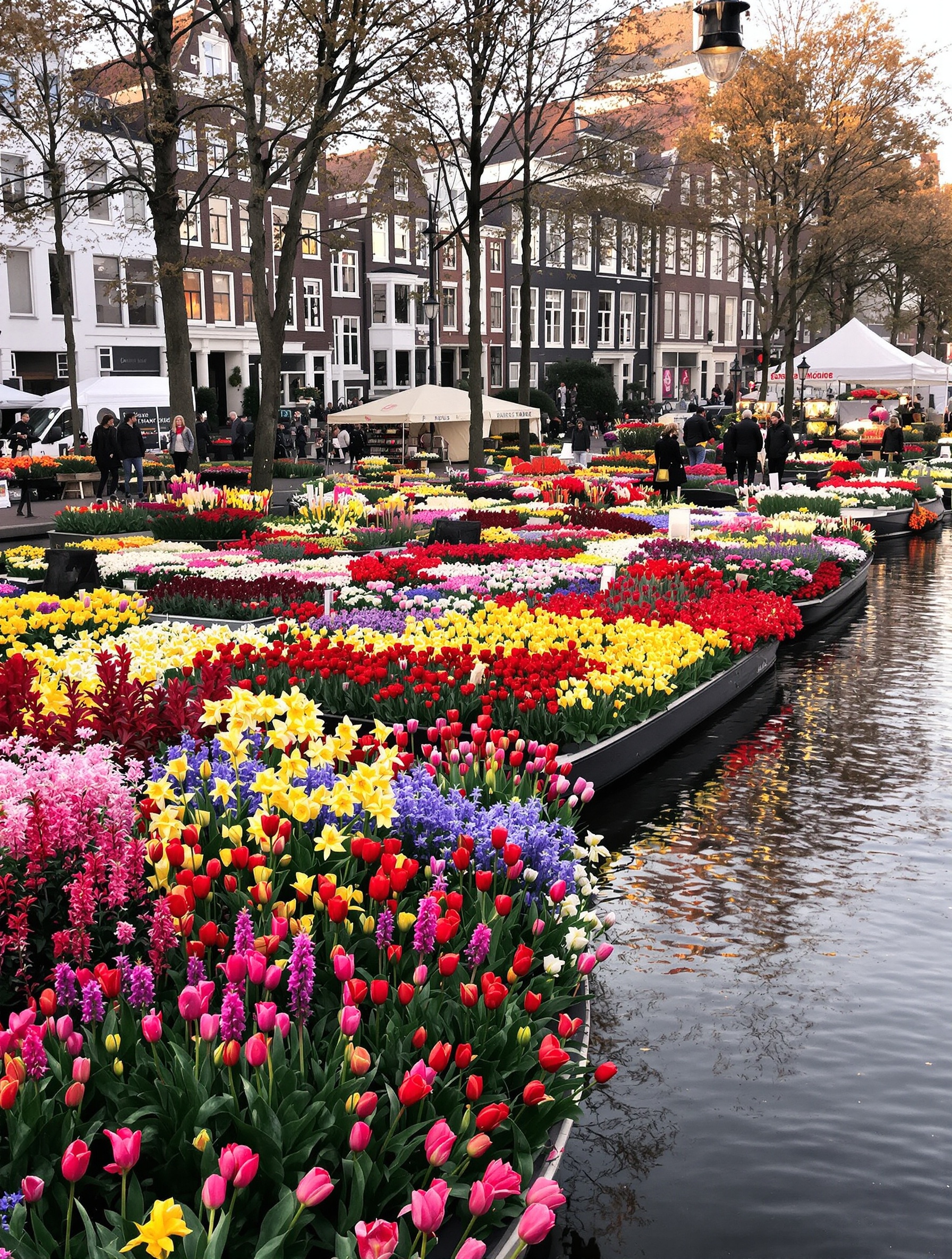 Image paisible du Bloemenmarkt au petit matin, avec peu de visiteurs.