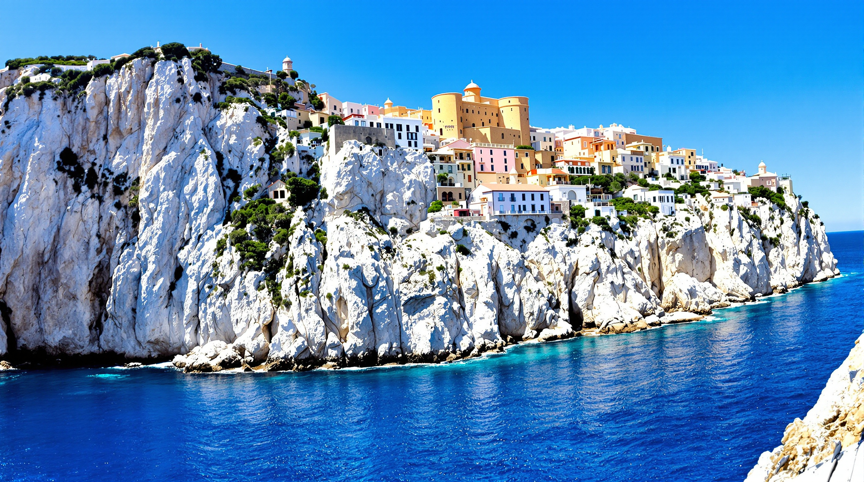 Bonifacio vue depuis la mer avec ses falaises blanches et sa citadelle.