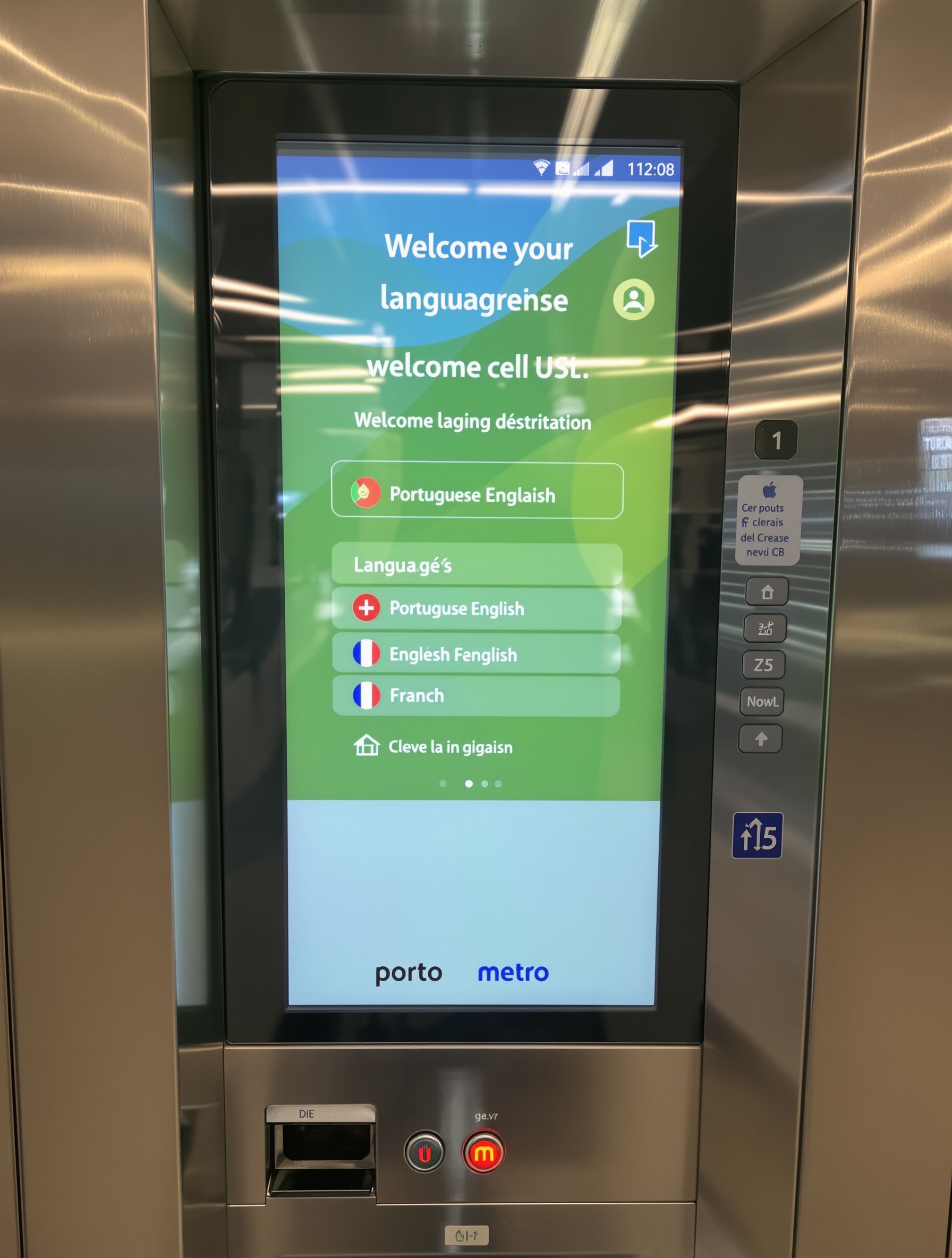 Borne automatique de vente de tickets du métro de Porto affichant l'écran d'accueil avec choix des langues.