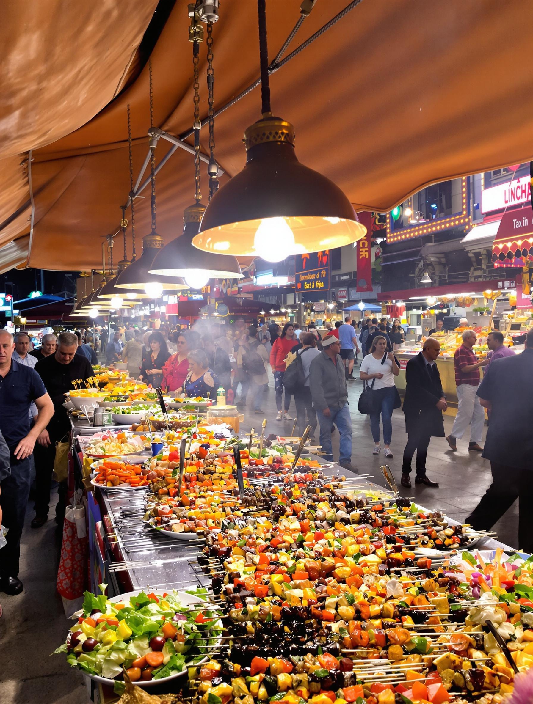 Des brochettes et des salades colorées sur un stand nocturne de Jemaa el-Fna.