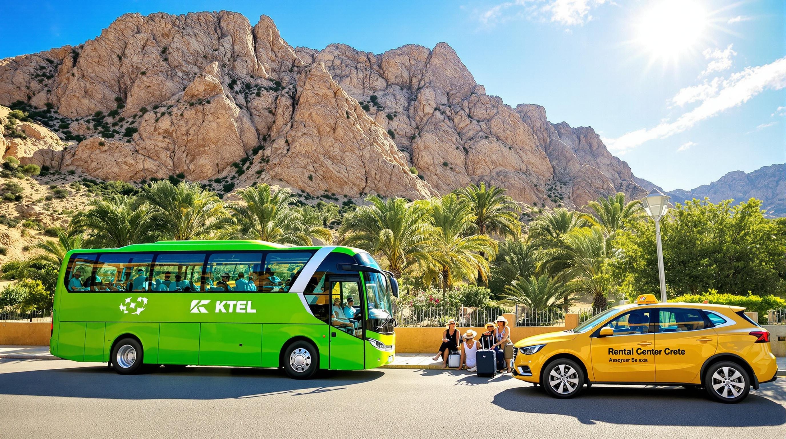 Bus vert KTEL, taxi confortable et voiture Rental Center Crete devant la palmeraie