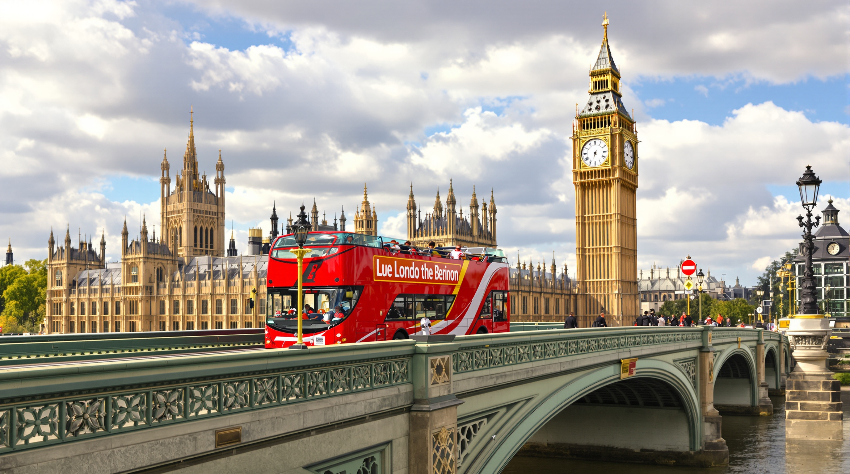 Un bus rouge à impériale typique de Londres traversant un pont avec Big Ben en arrière-plan.