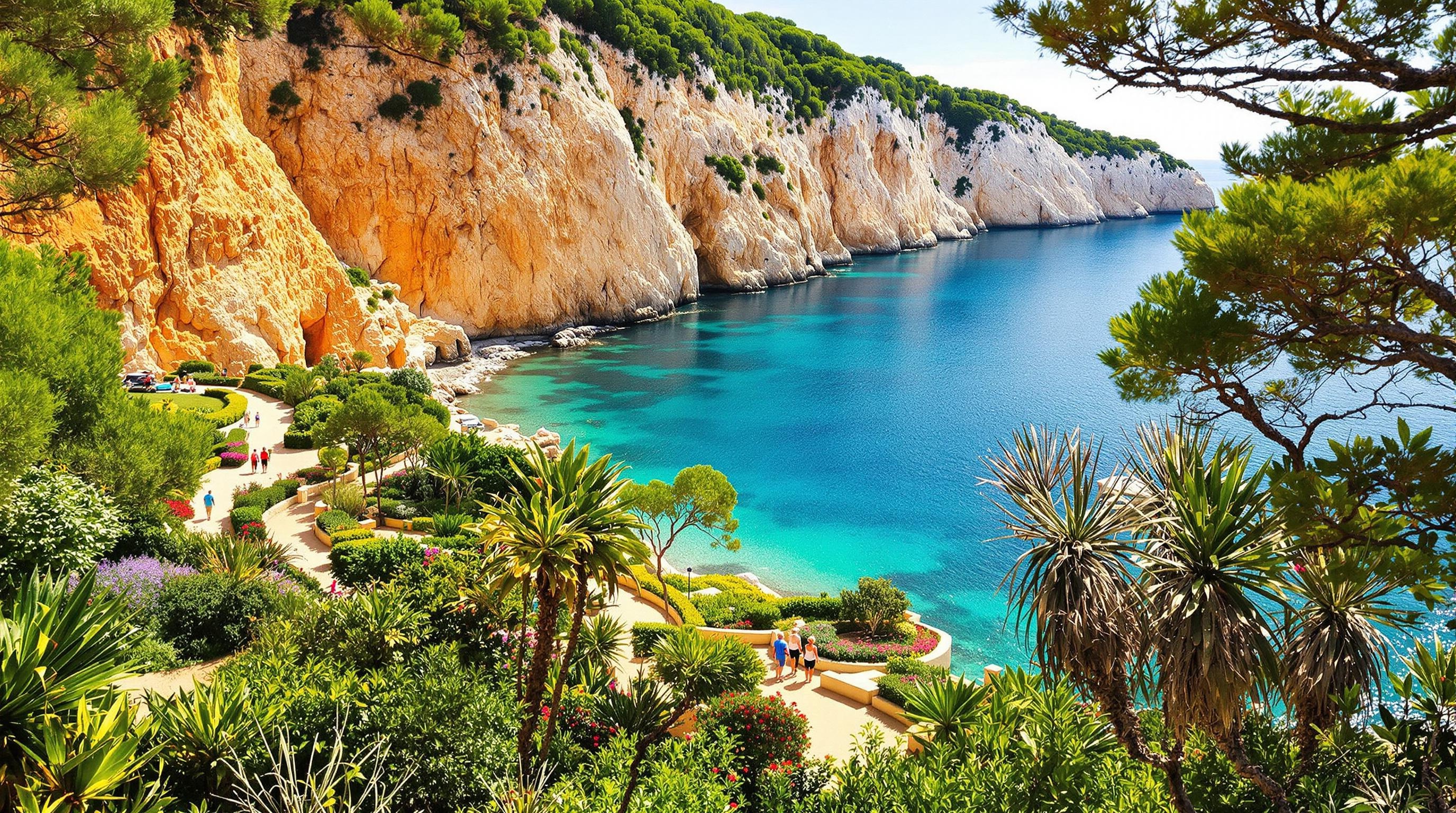 Vue contrastée entre la calanque de Figuerolles (falaises ocres) et le parc du Mugel (jardin méditerranéen), seniors en balade.