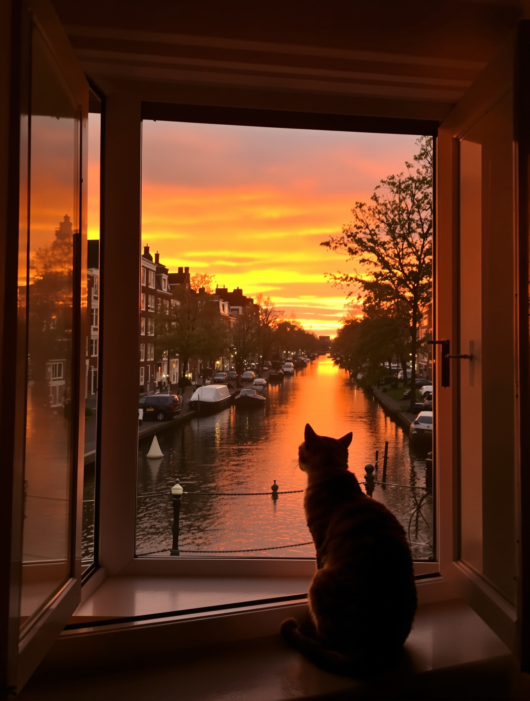 Canal typique d'Amsterdam au coucher du soleil vu depuis une fenêtre avec un chat Bengal en silhouette.
