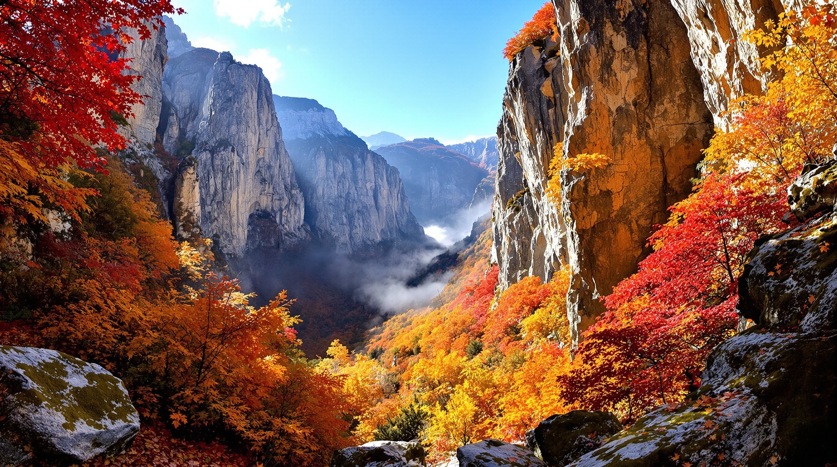 Canyon spectaculaire du Parc National d'Ordesa et du Mont Perdu, avec ses falaises vertigineuses et sa végétation luxuriante en automne.
