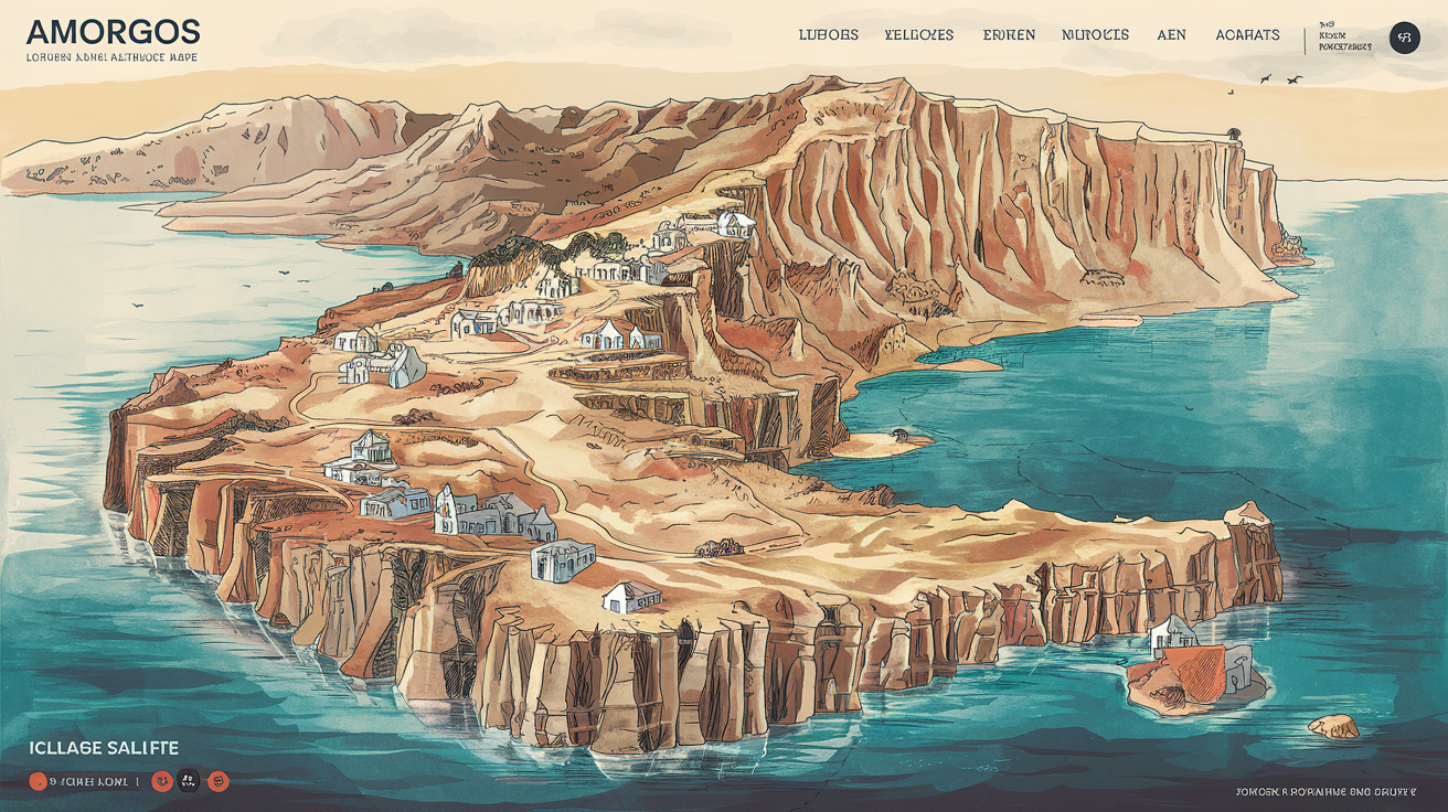 Carte immersive d'Amorgos illustrant reliefs, villages perchés et côtes sauvages rappelant 'Le Grand Bleu'.