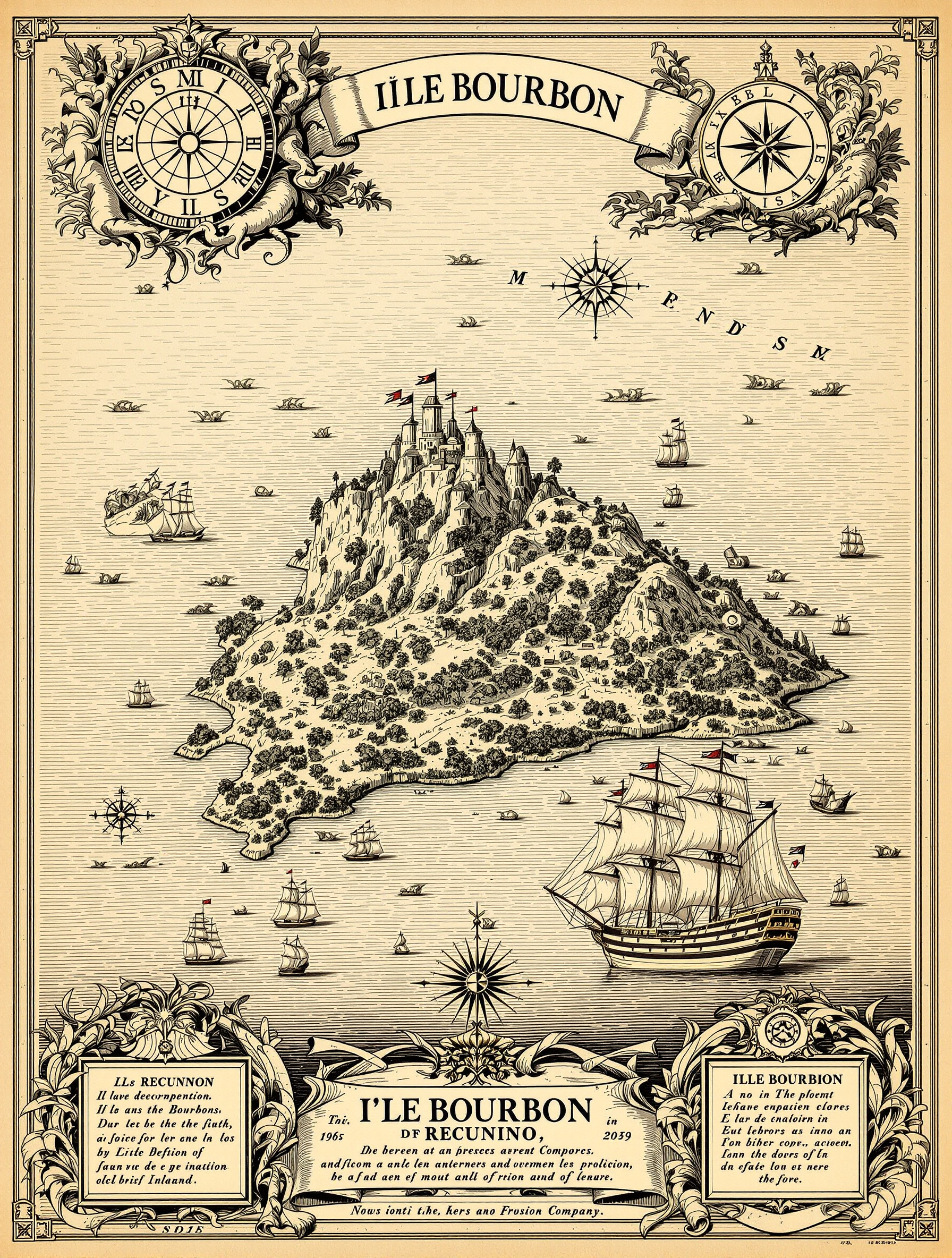 Gravure ancienne illustrant l'île Bourbon et un navire de la Compagnie des Indes orientales