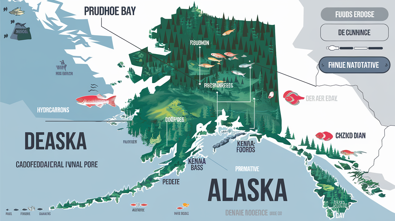 Carte annotée des ressources d'Alaska : pétrole, pêche, forêt, tourisme