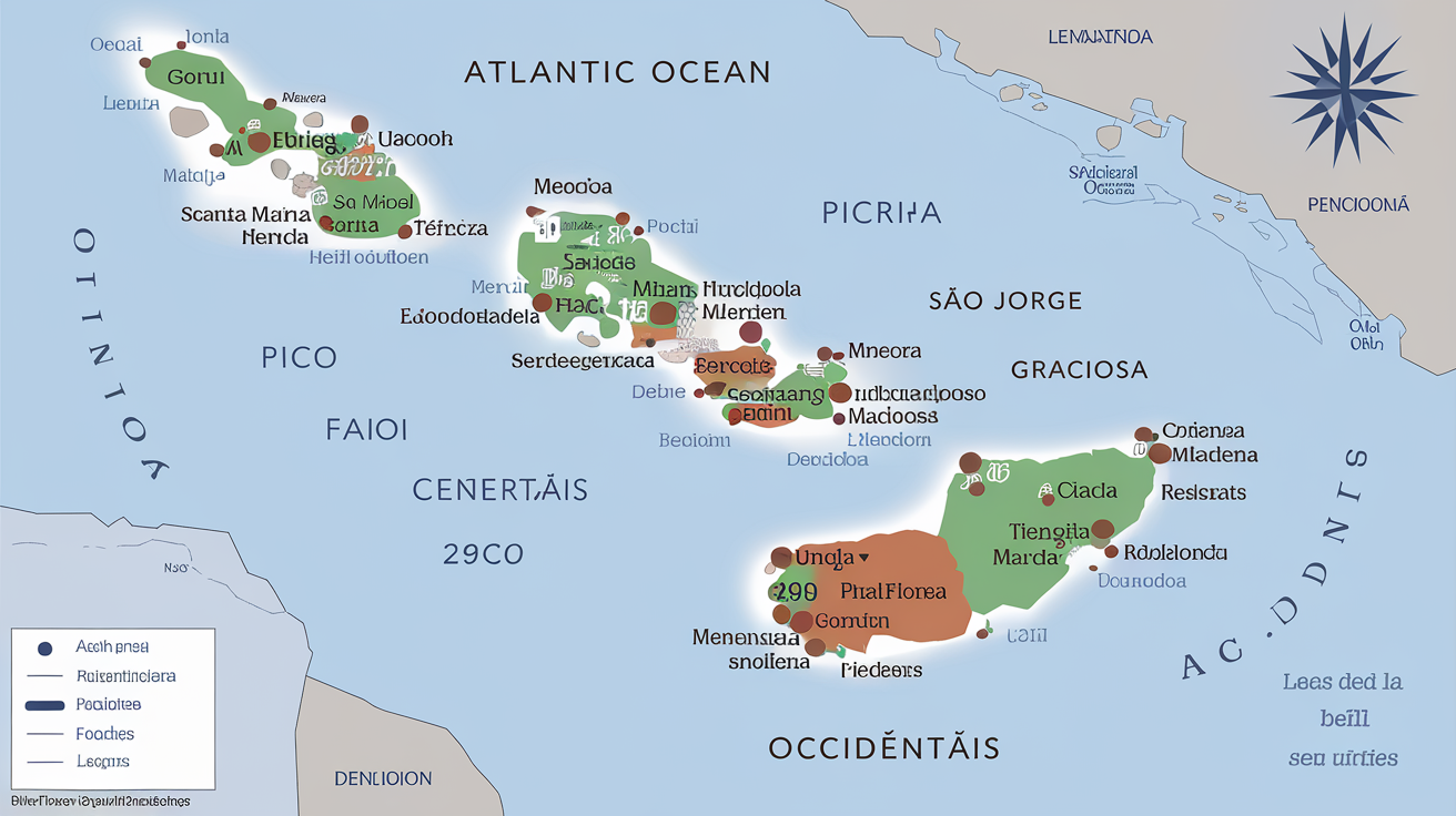 Carte détaillée des 9 îles principales des Açores