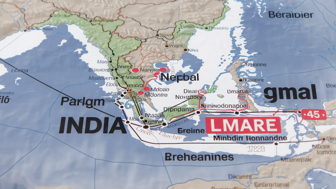 Carte zoomée sur l'Asie du Sud mettant en avant les frontières horaires Inde/Népal avec leurs décalages hors norme