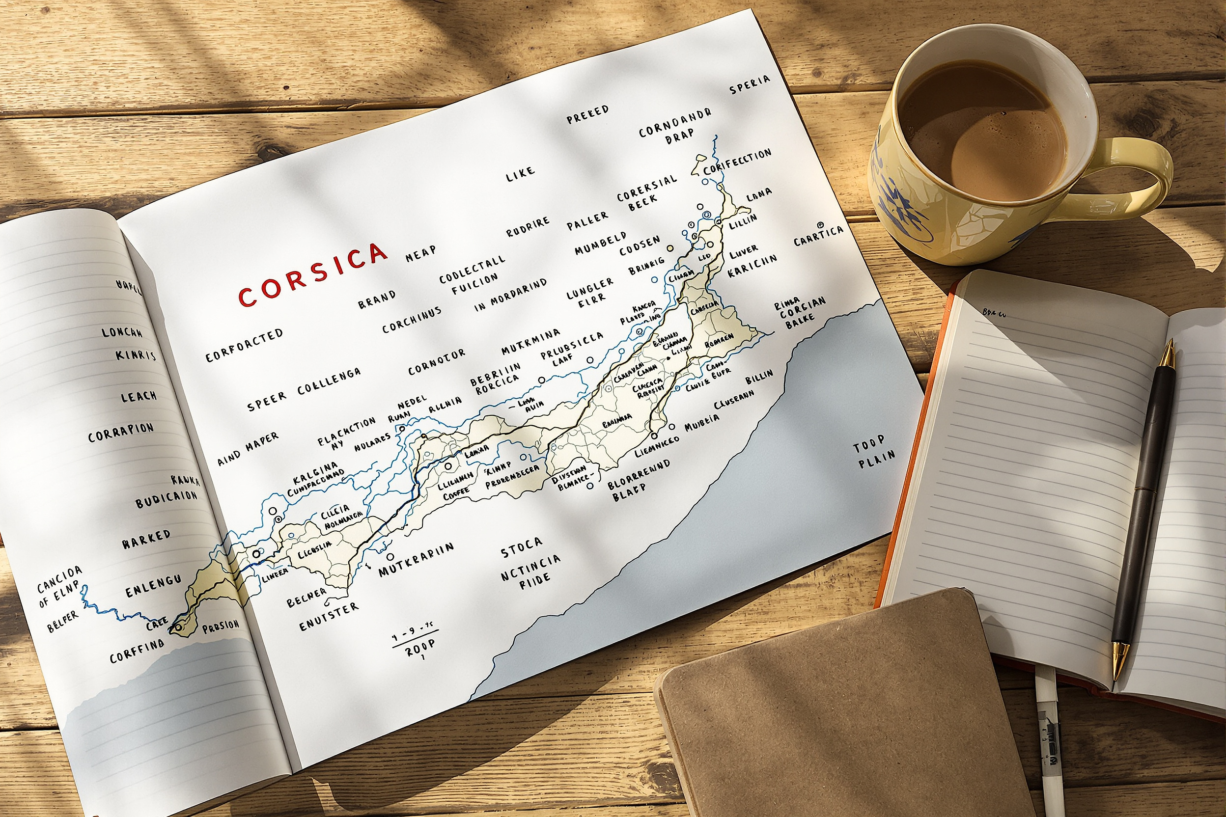 Carte papier de la Corse annotée sur une table avec carnet et café.