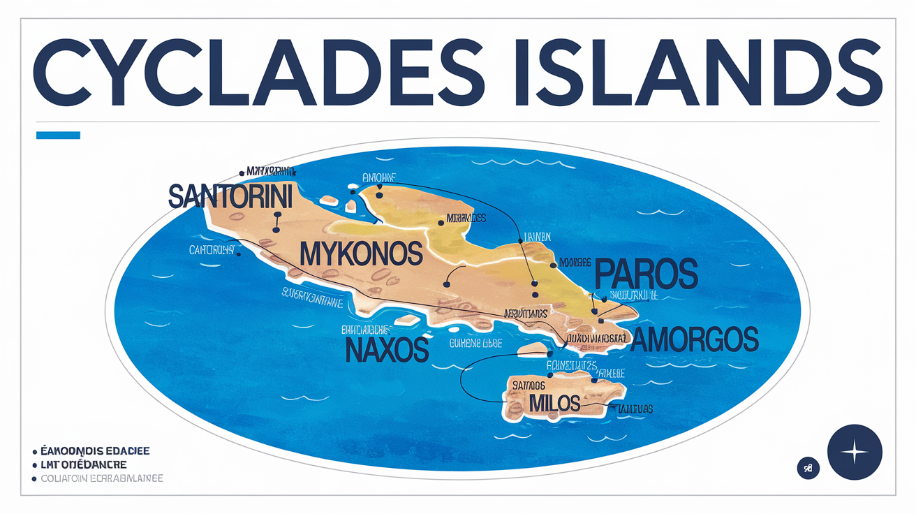 Carte détaillée des Cyclades mettant en évidence Santorin, Mykonos, Paros, Naxos, Amorgos et Milos. La carte illustre efficacement la disposition circulaire des îles et leurs distances relatives.
