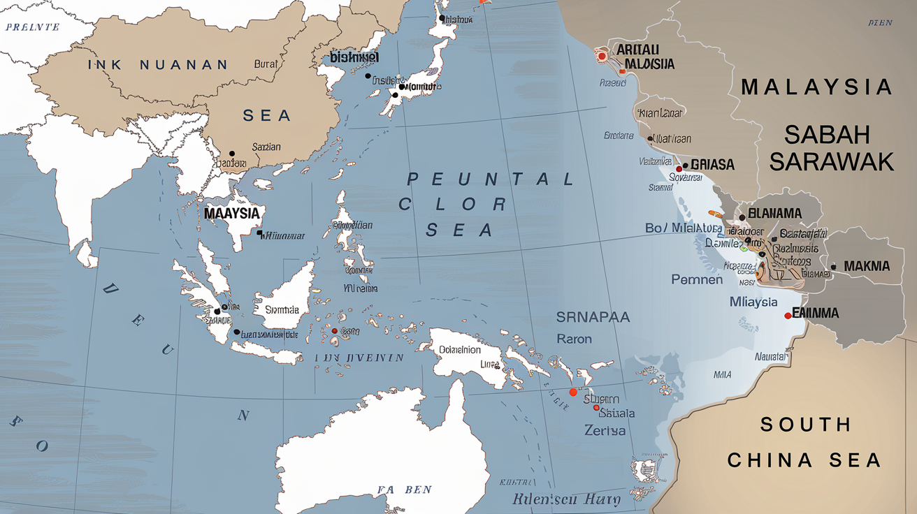 Carte claire montrant Malaisie péninsulaire à gauche et Sabah/Sarawak sur Bornéo à droite