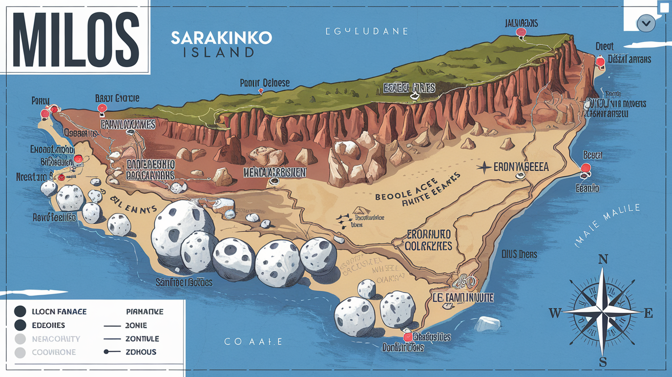 Carte détaillée de Milos affichant formations géologiques marquantes comme Sarakiniko et l’étendue variée de son littoral volcanique.